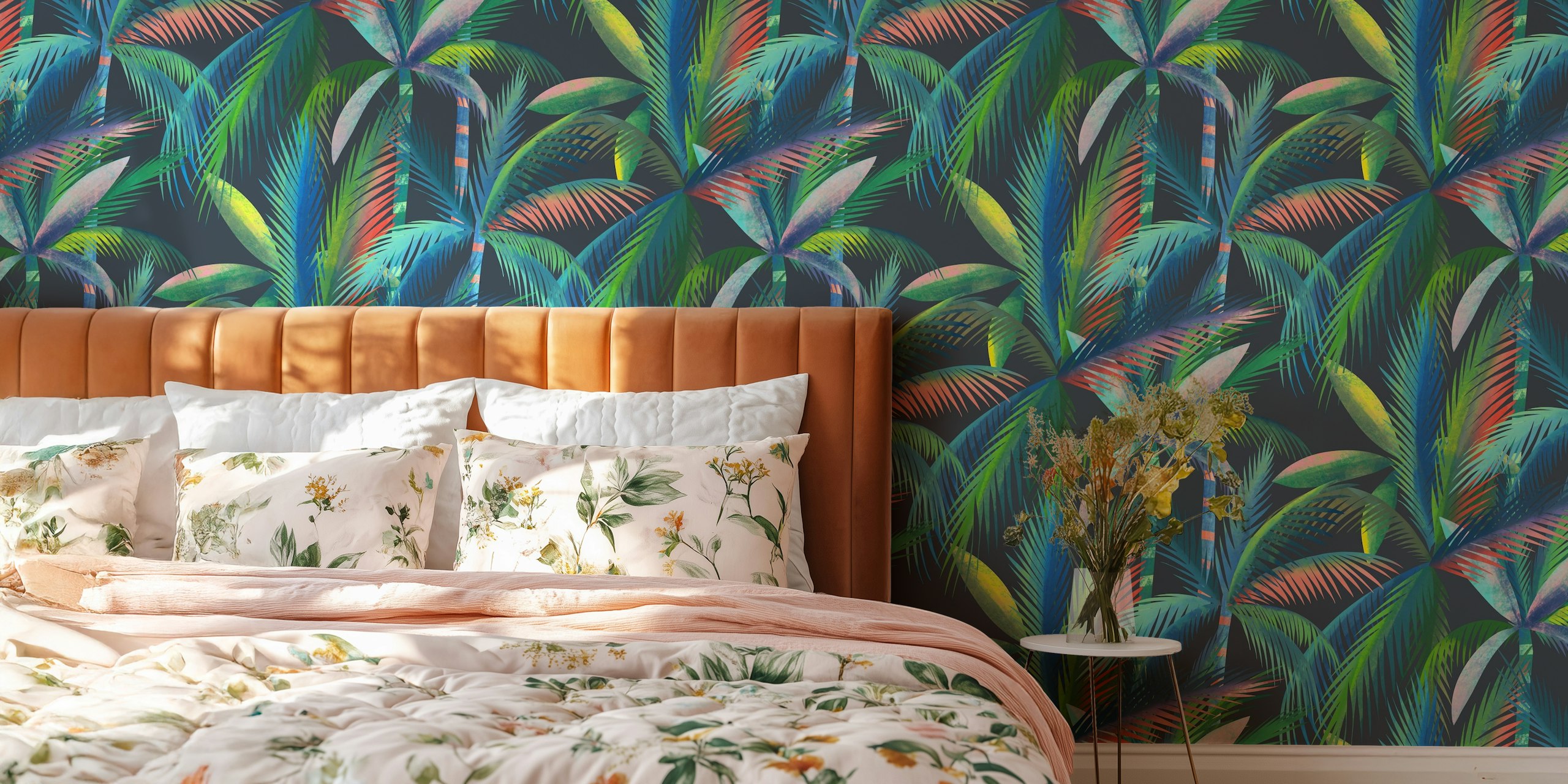 Lush jungle palm trees wallpaper in a room