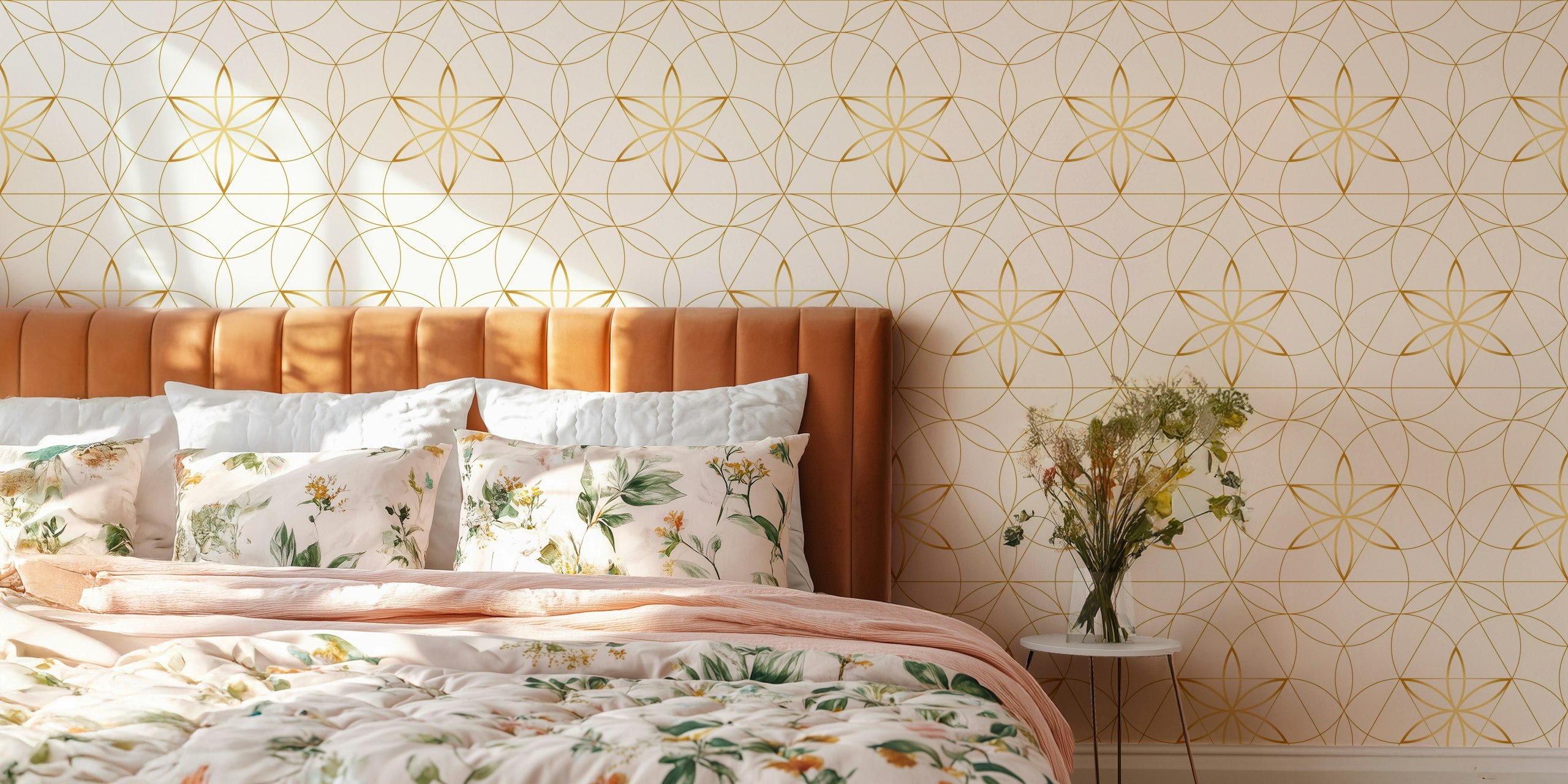 Gold geometric floral wallpaper in a room