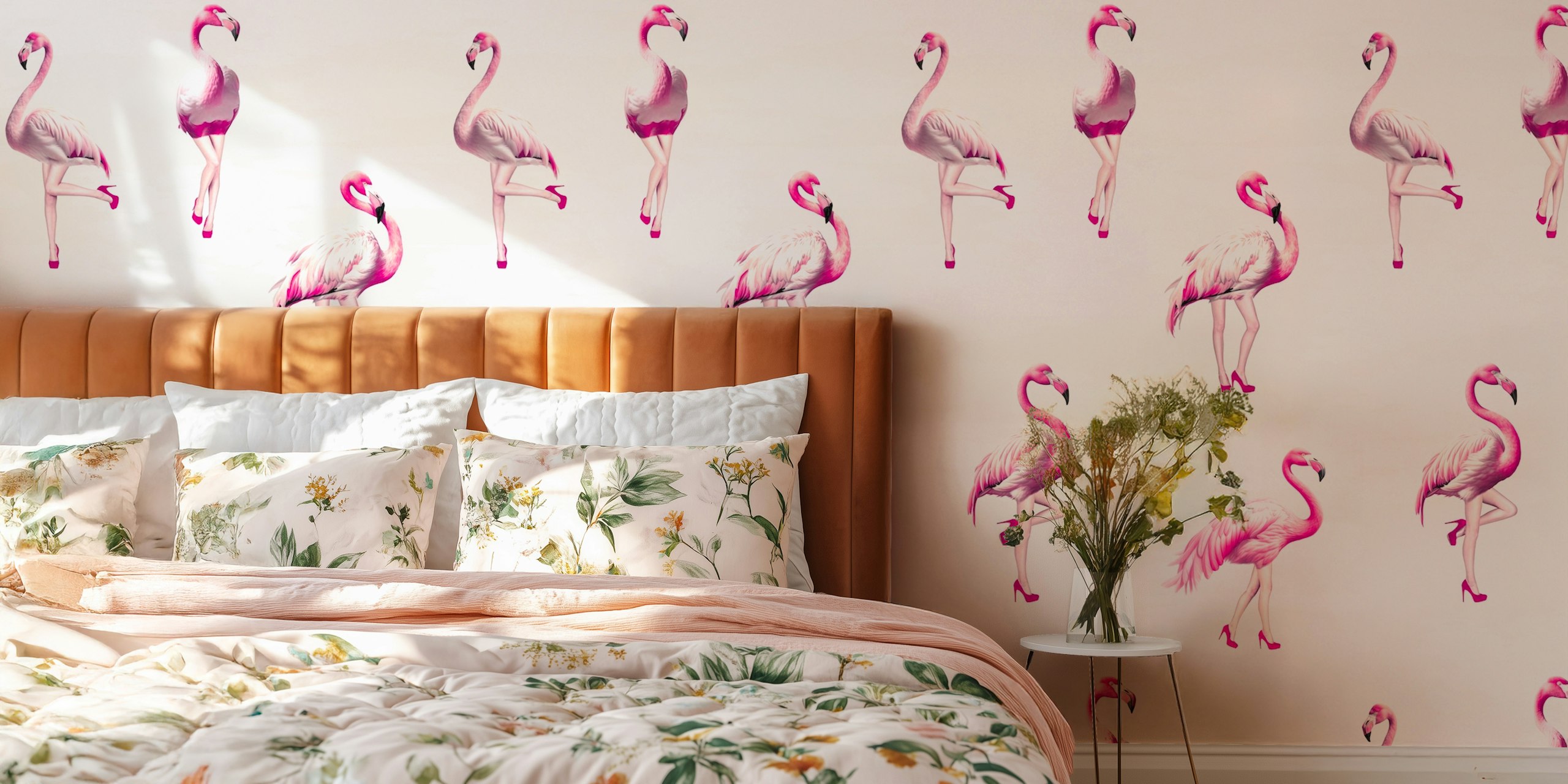 Flamingo illustrations in pink and magenta on grey wallpaper