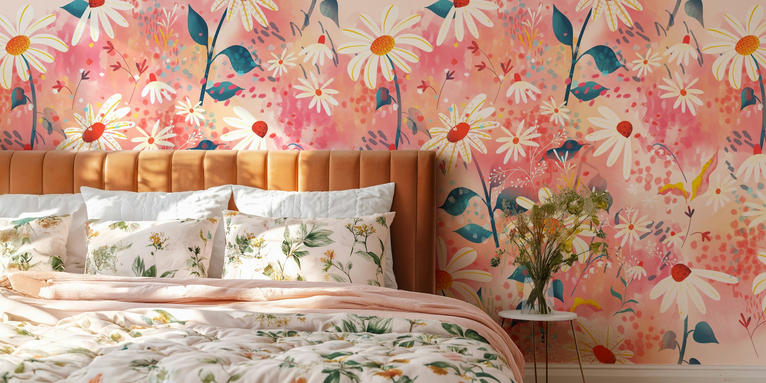 Pink meadow with blue stemmed daisies and floral patterns wallpaper