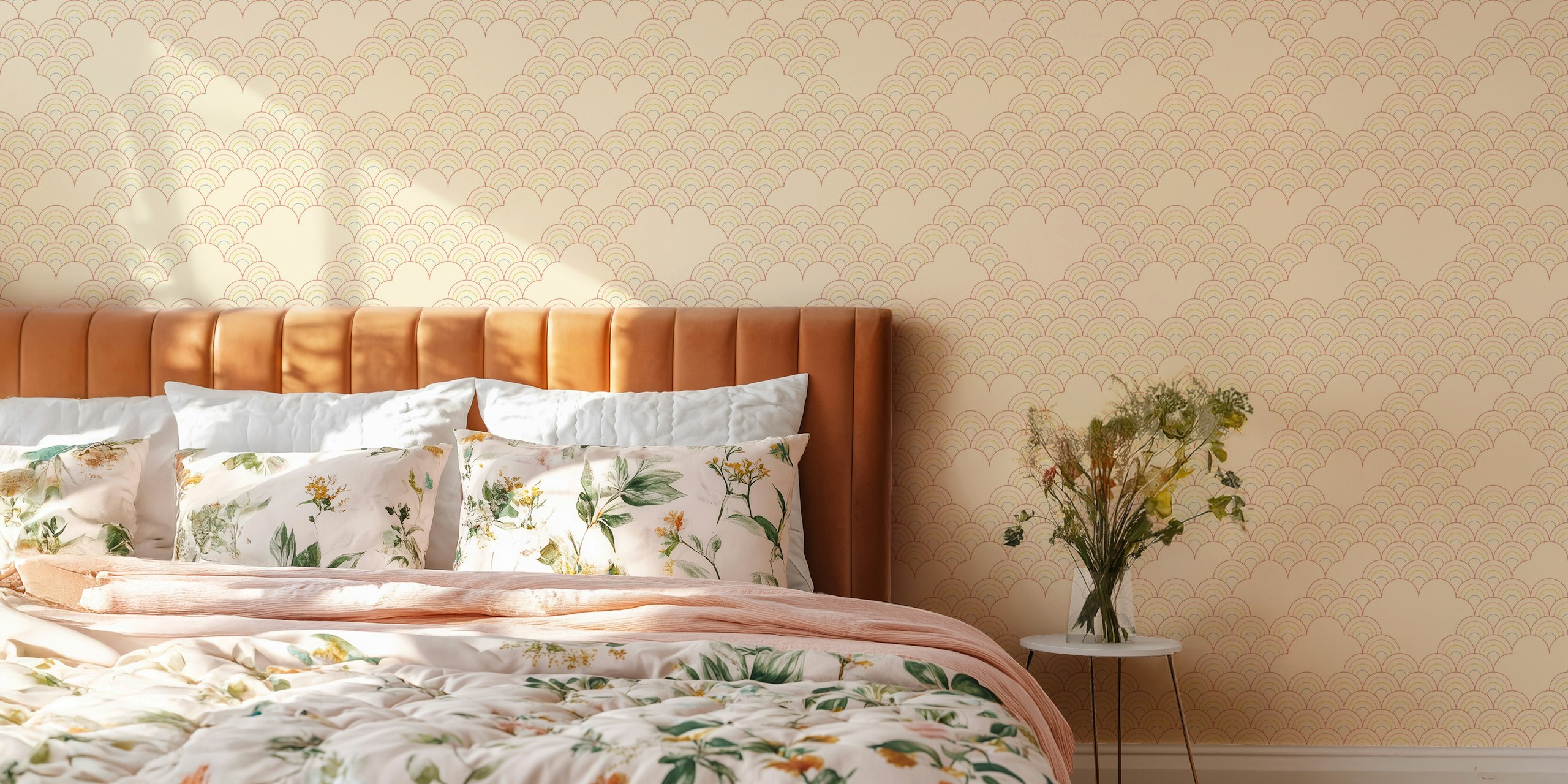 Seigaiha wallpaper with rainbows and clouds in a room