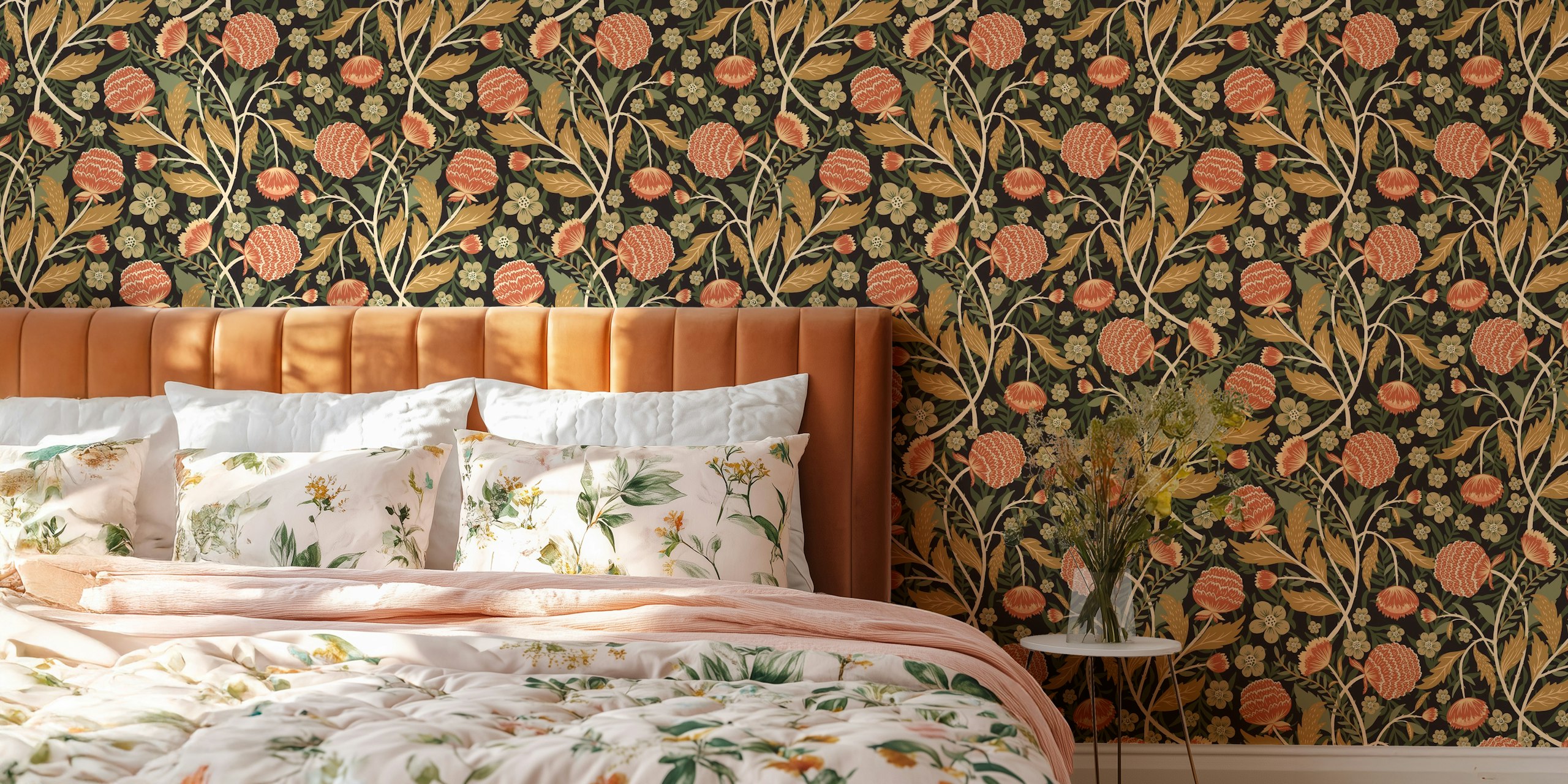 Classic William Garden floral pattern wall mural with green foliage and pink flowers.