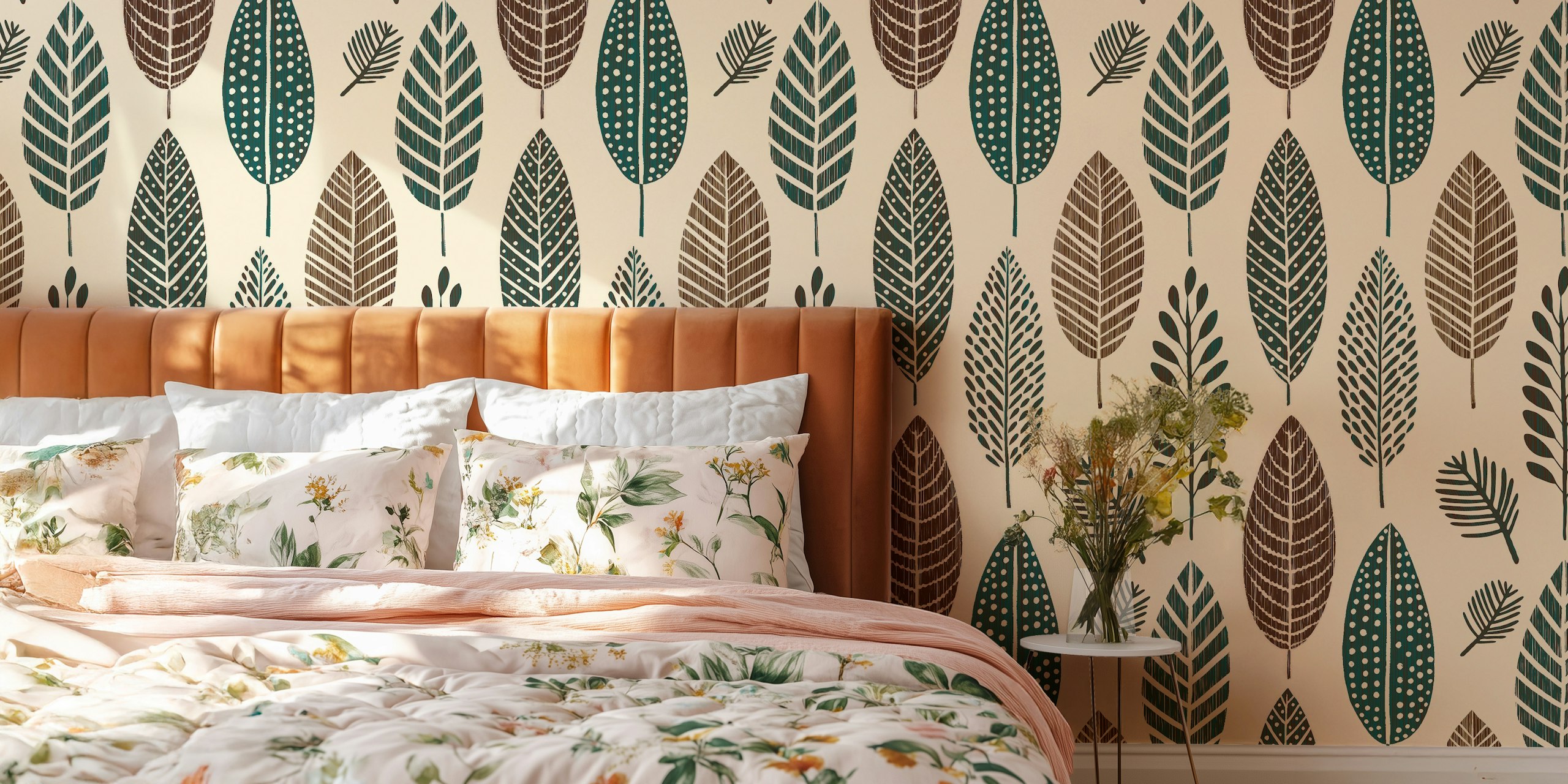 Papel de parede com design texturizado Rustic Autumn Textured Leaves Beige Green