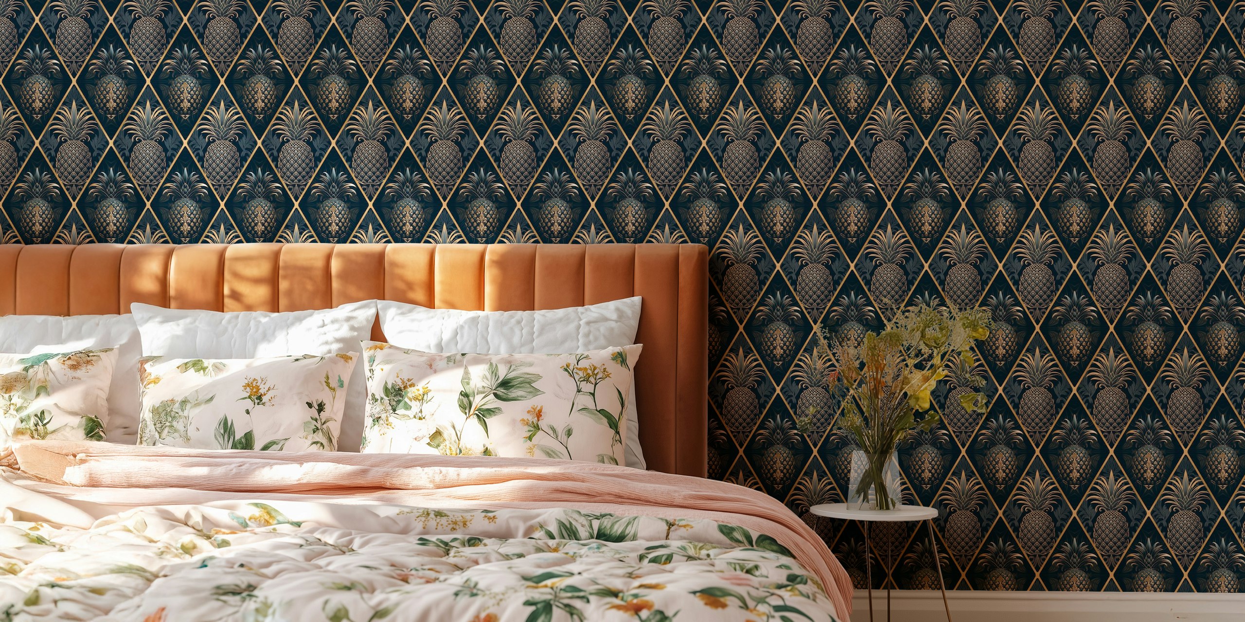 Art Deco style wall mural with blue and gold pineapple design pattern