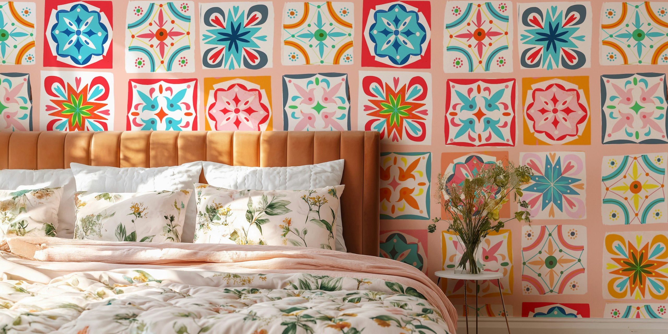 Checkers azulejos pastel rose wallpaper in a room