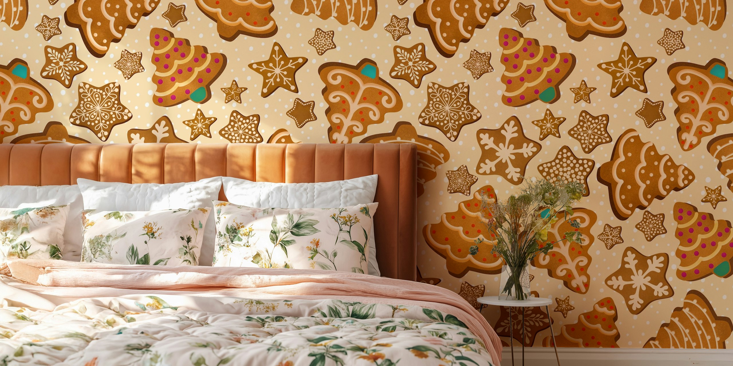 Gingerbread cookies, Christmas trees, and stars in festive colors on beige wallpaper