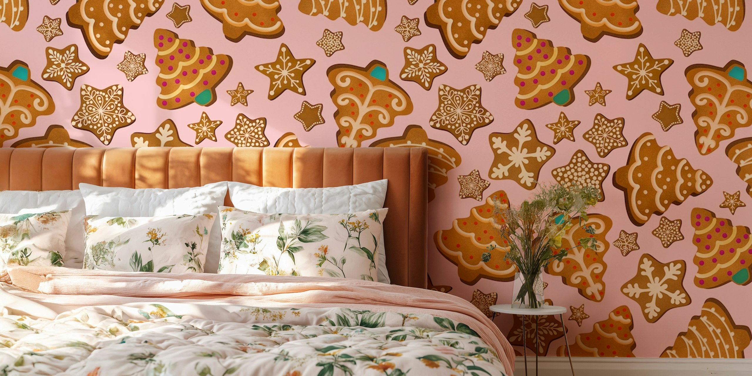 Gingerbread cookies and trees on pink background wallpaper