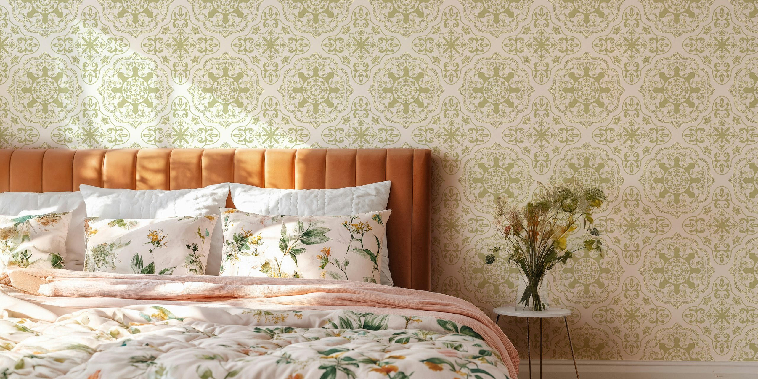 Green medallion patterns on cream background wallpaper