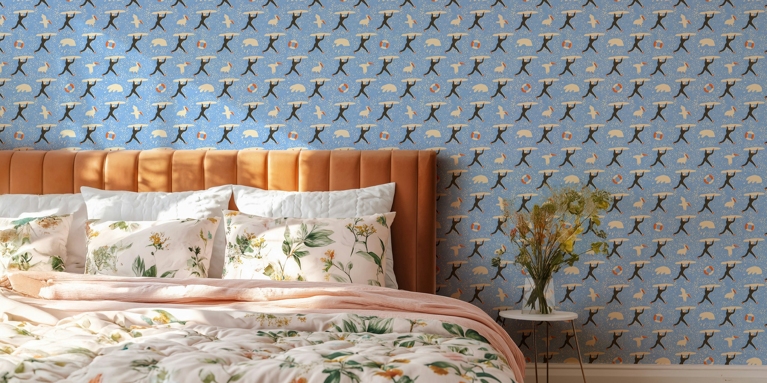 Wallpaper design with surfers and gulls