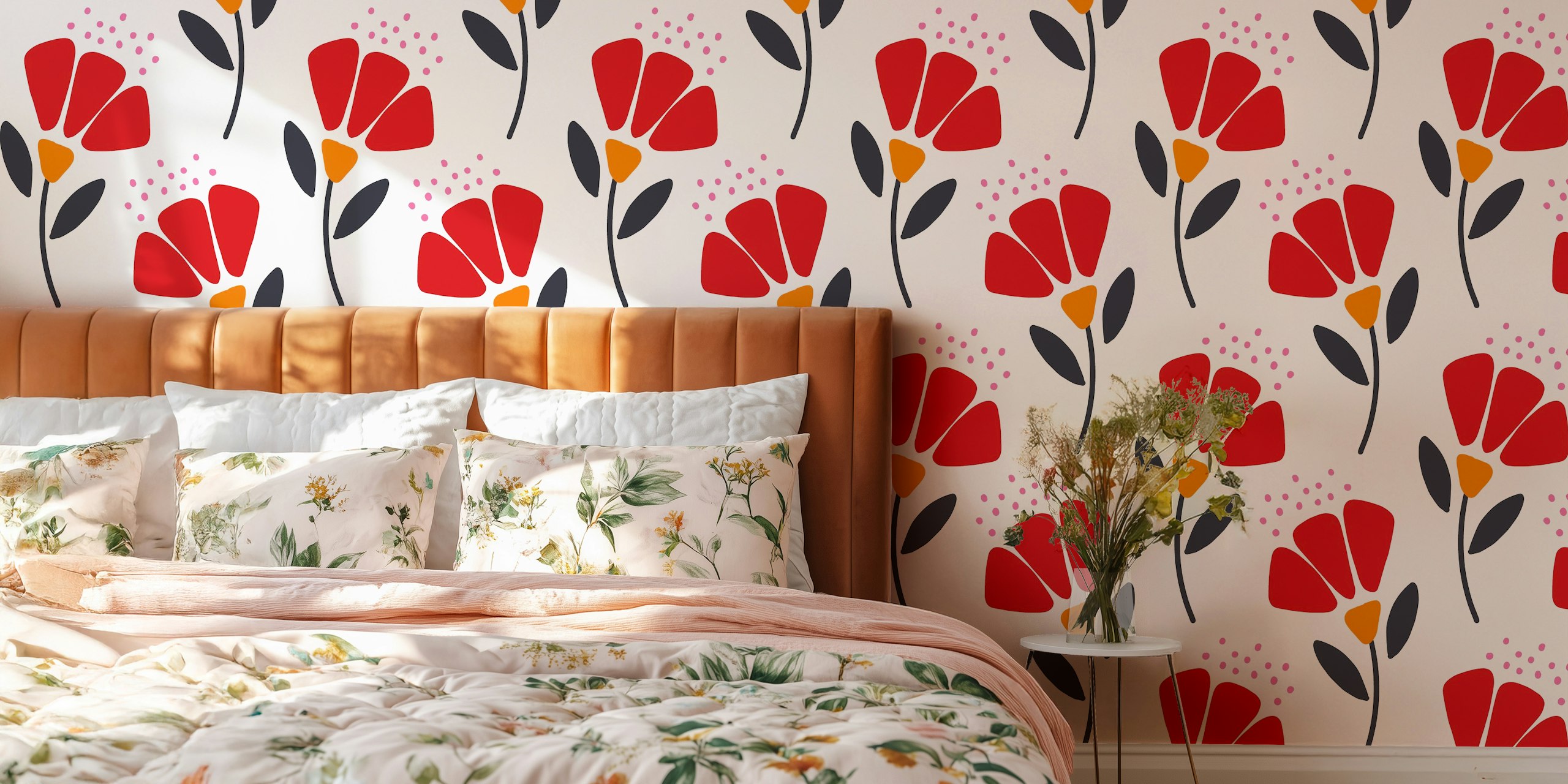 Red flowers with black leaves and pink dots wallpaper