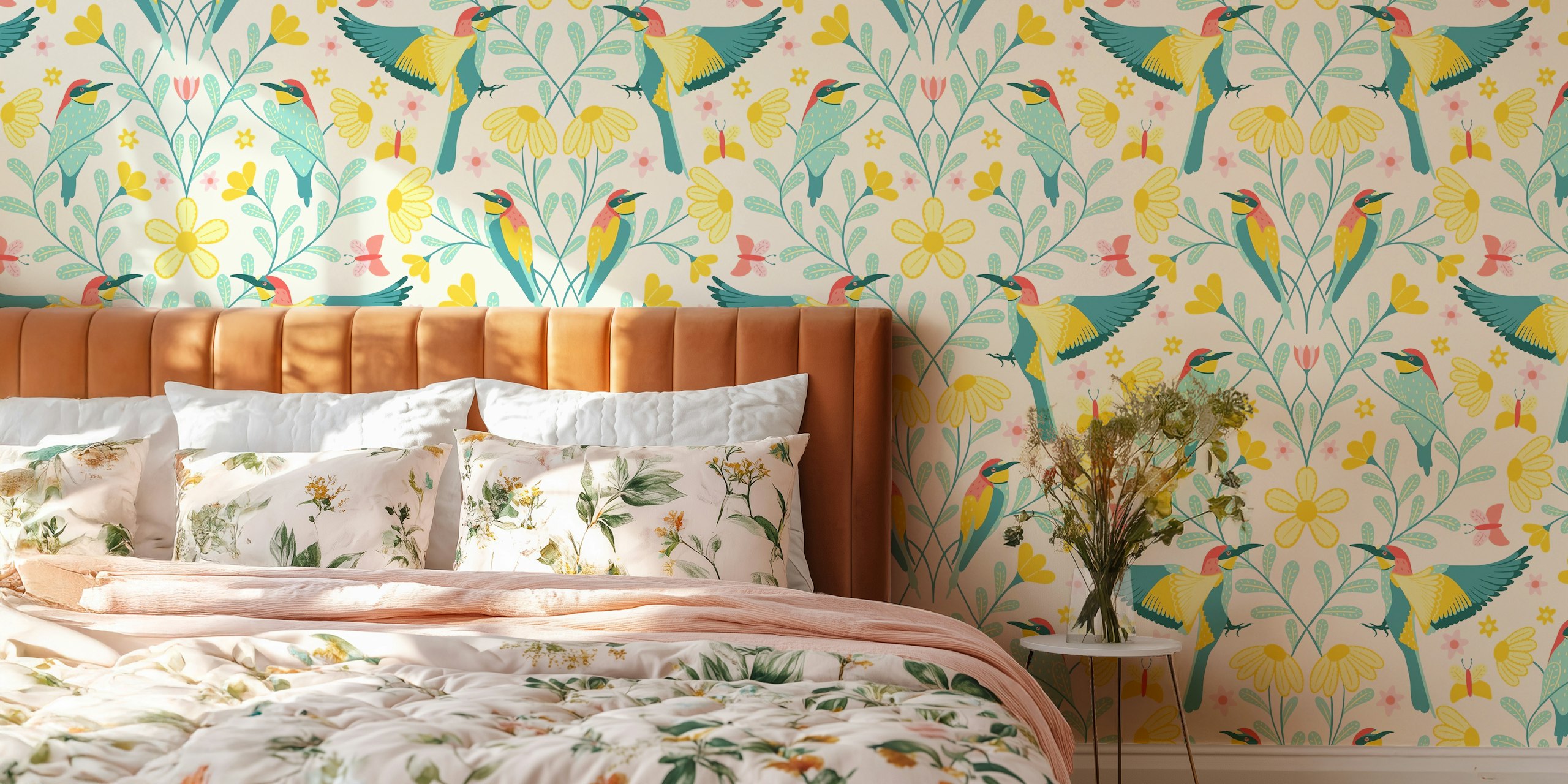 Bee-eater birds with yellow and pink flowers on cream background wallpaper