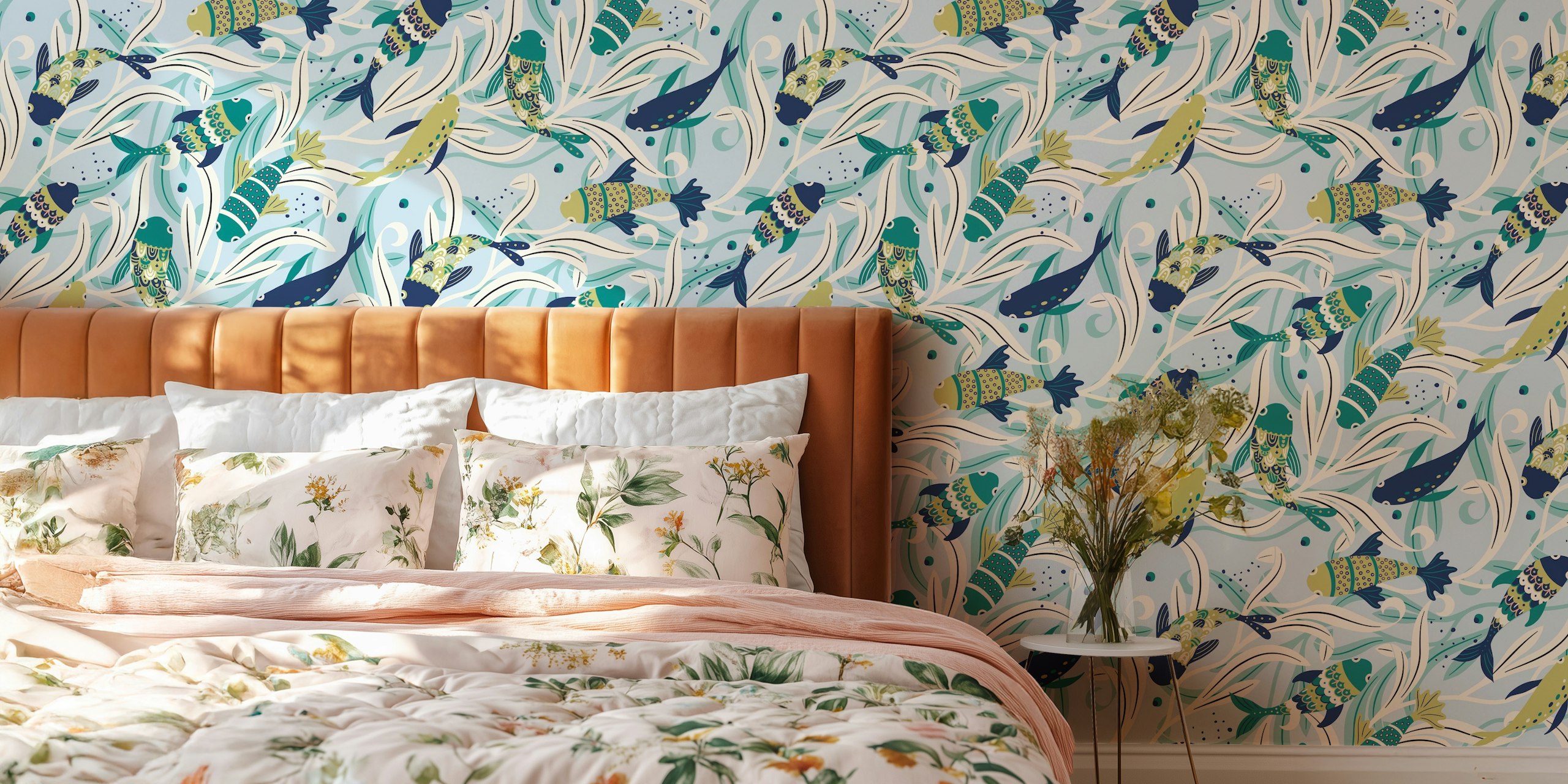 Τοιχογραφία με παραθαλάσσιο θέμα με σχέδια ψαριών σε μπλε, πράσινο και υπόλευκο