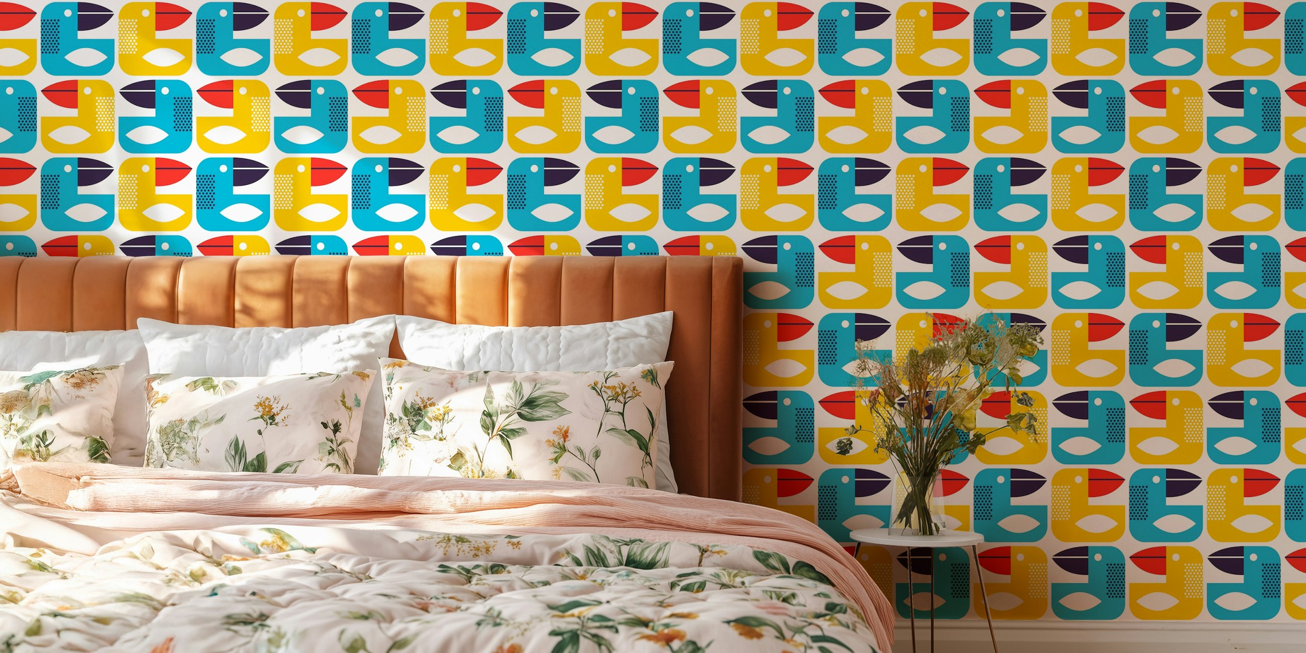 Colorful geometric parrot shapes in blue, yellow, and red wallpaper