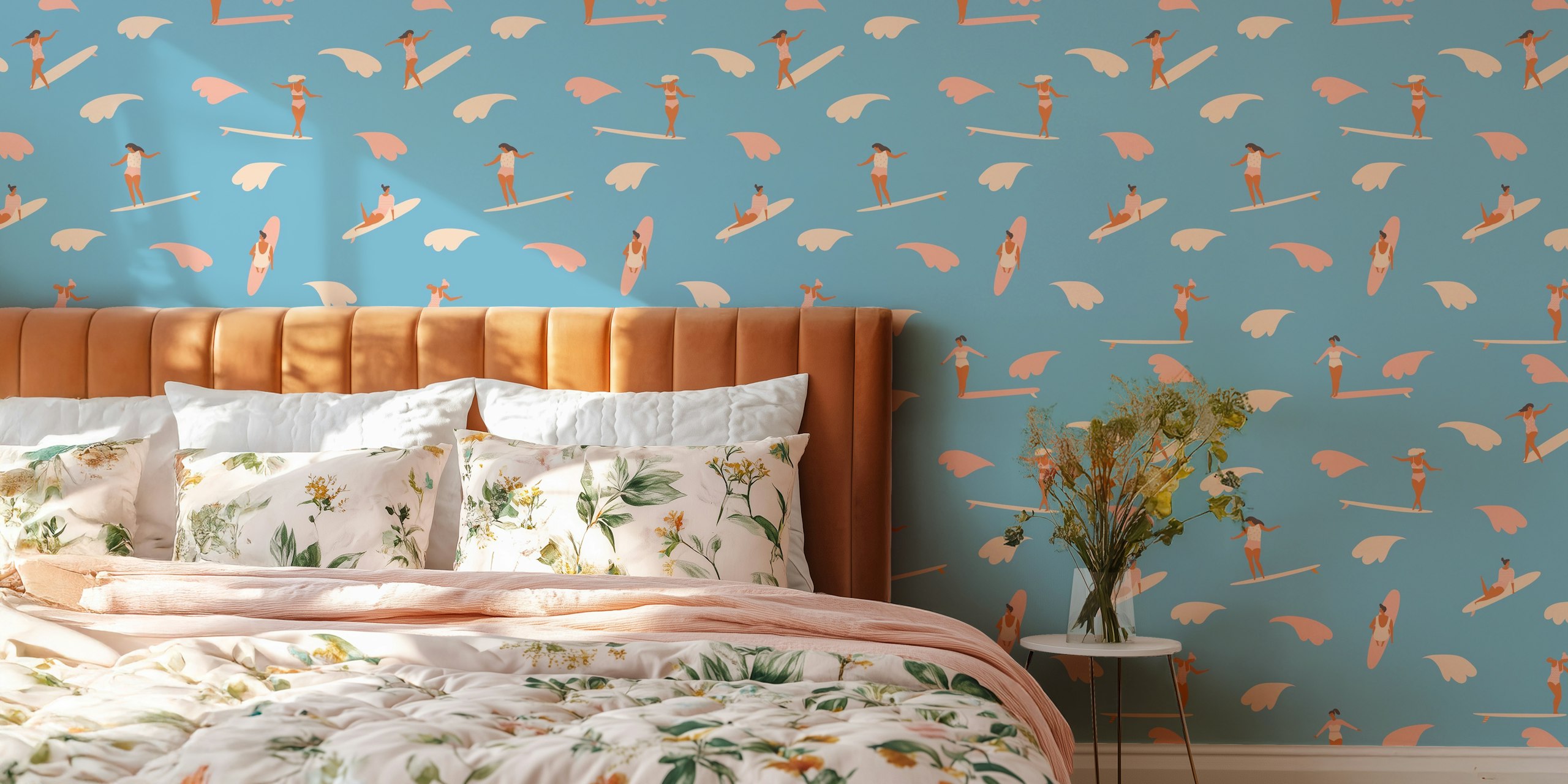 Surfers and waves in blue wallpaper design
