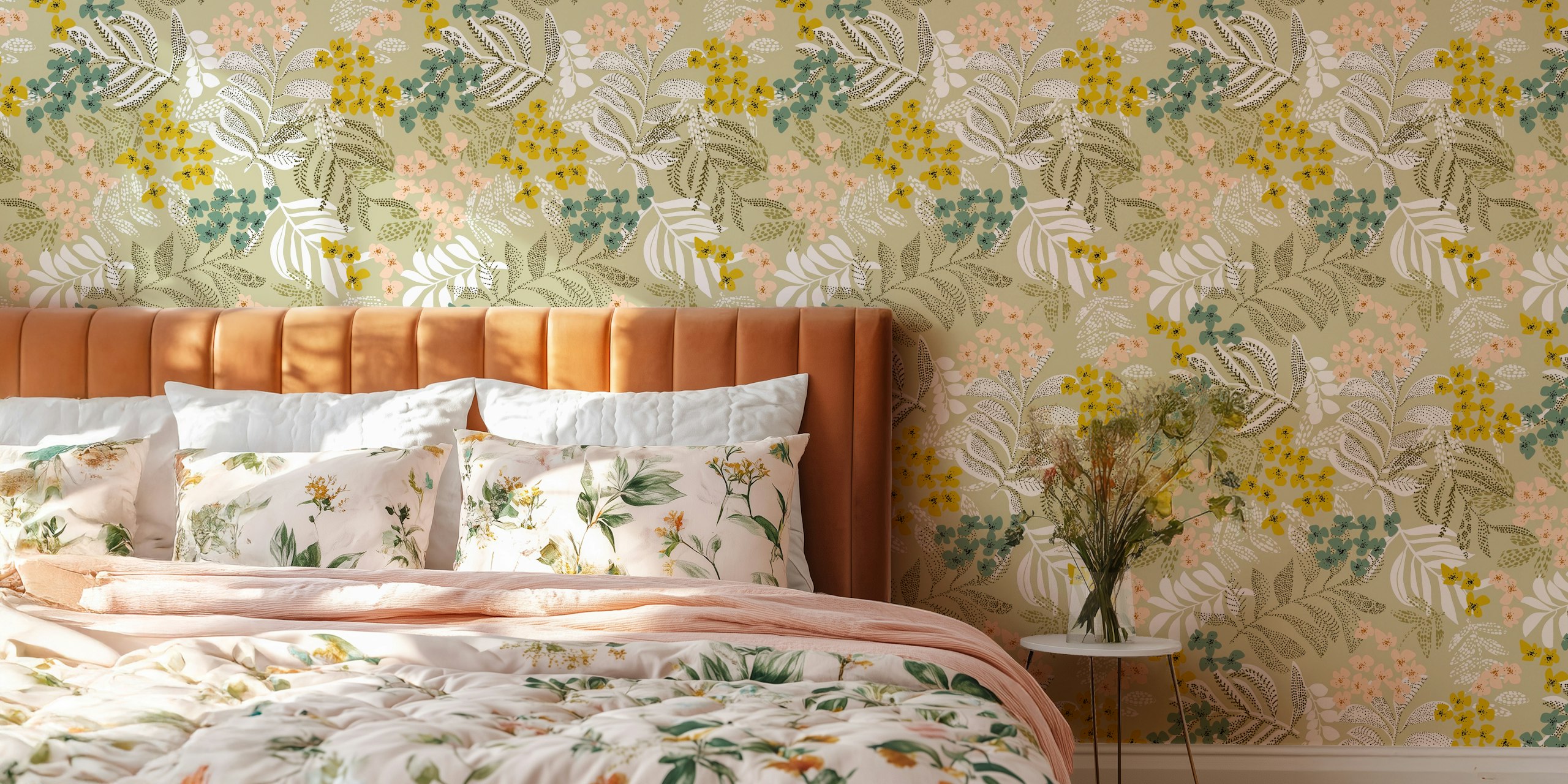 Autumn leaves sage green wallpaper in a room