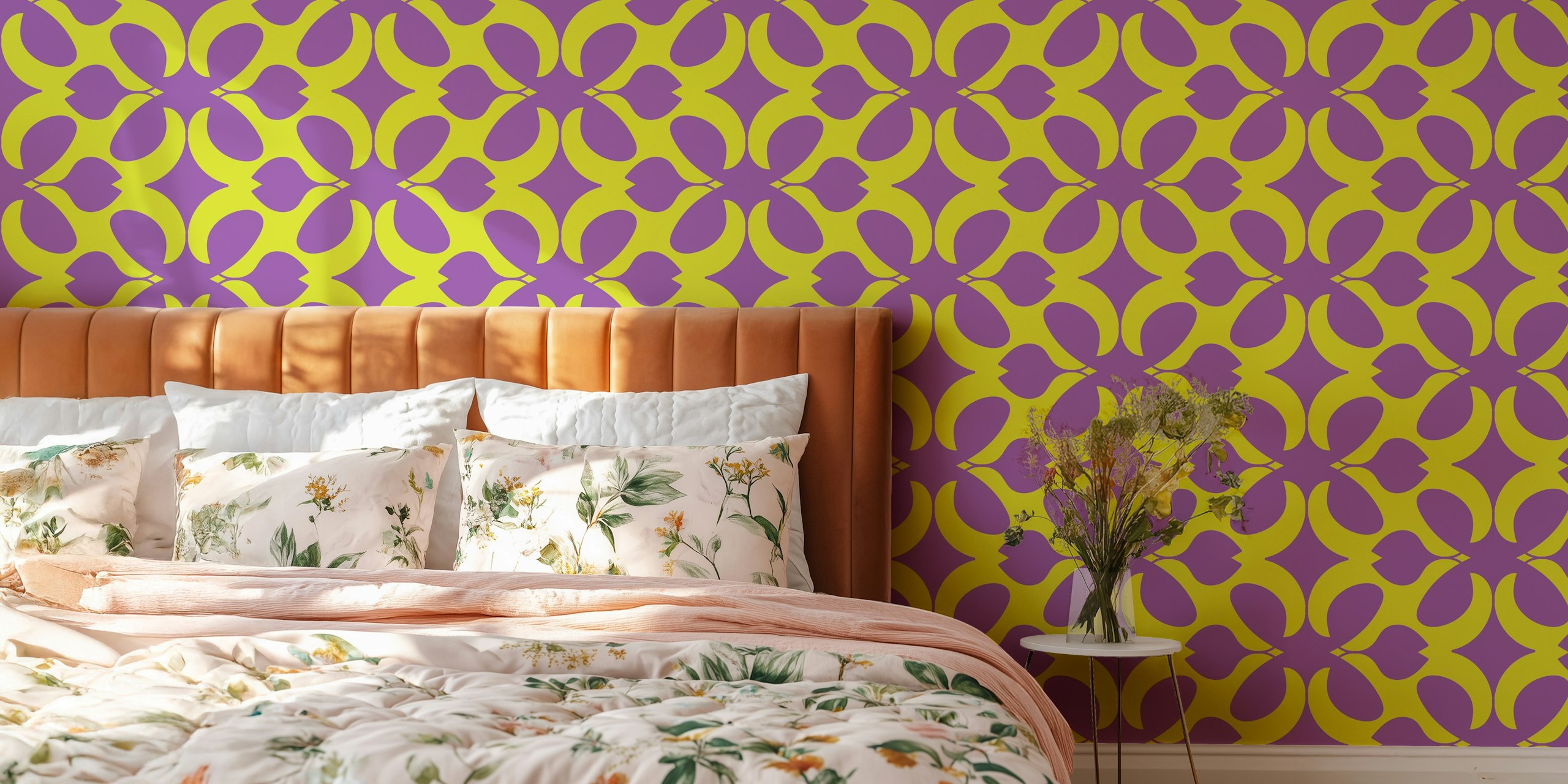 Yellow floral shapes on purple background wallpaper
