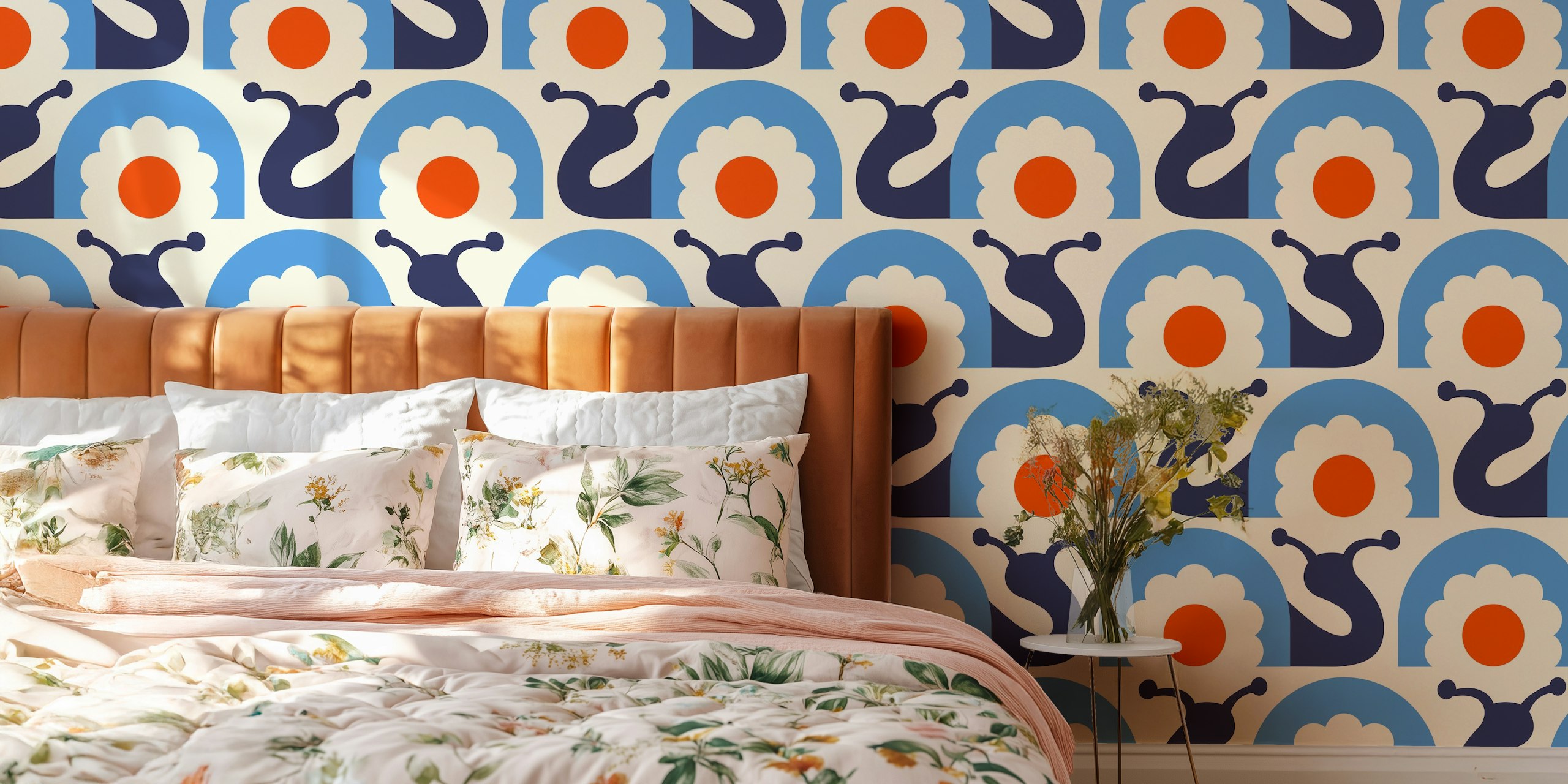 Retro snails with flowers papel de parede em um quarto
