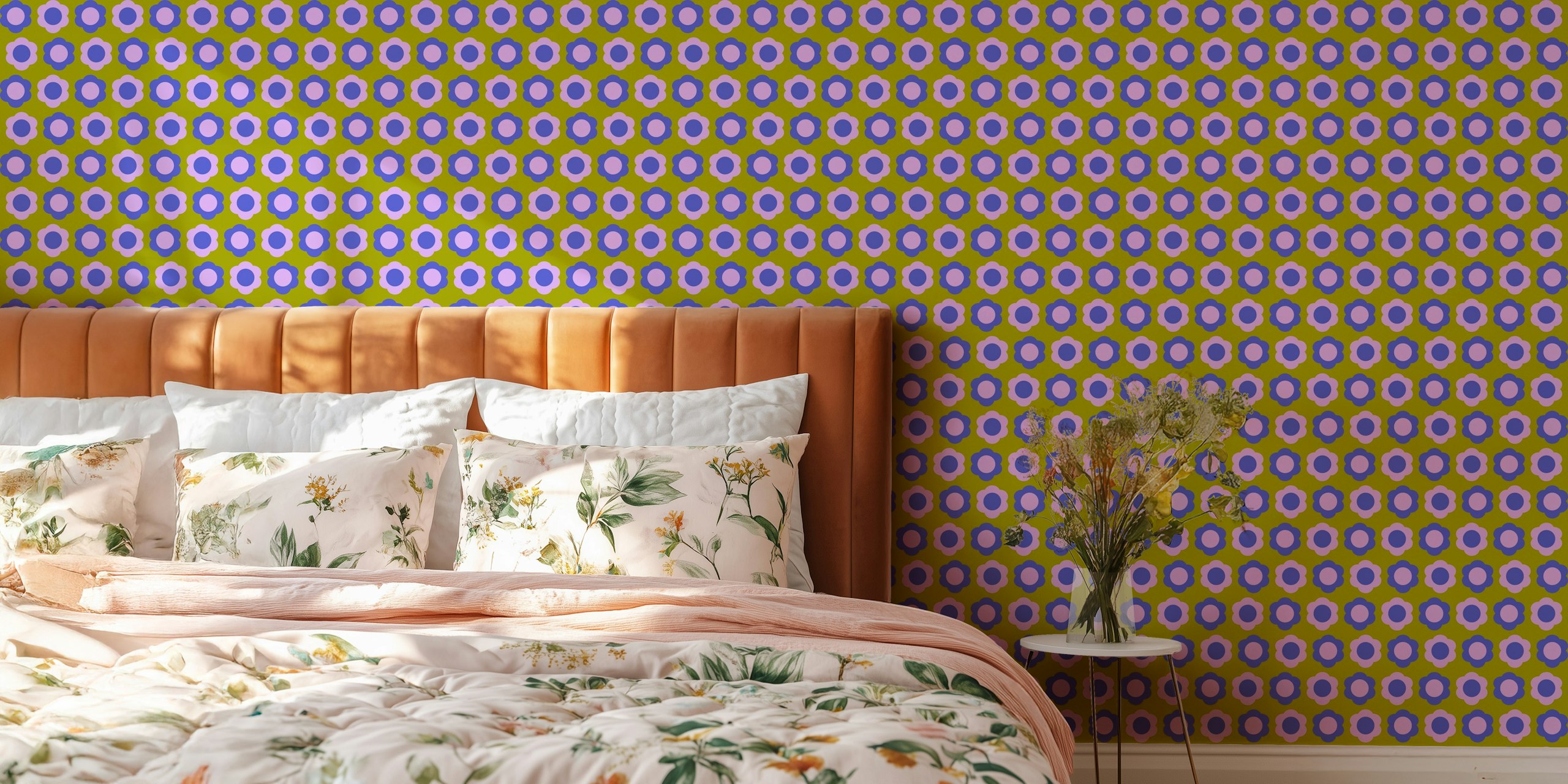 Purple and green mod pop flower pattern on wallpaper