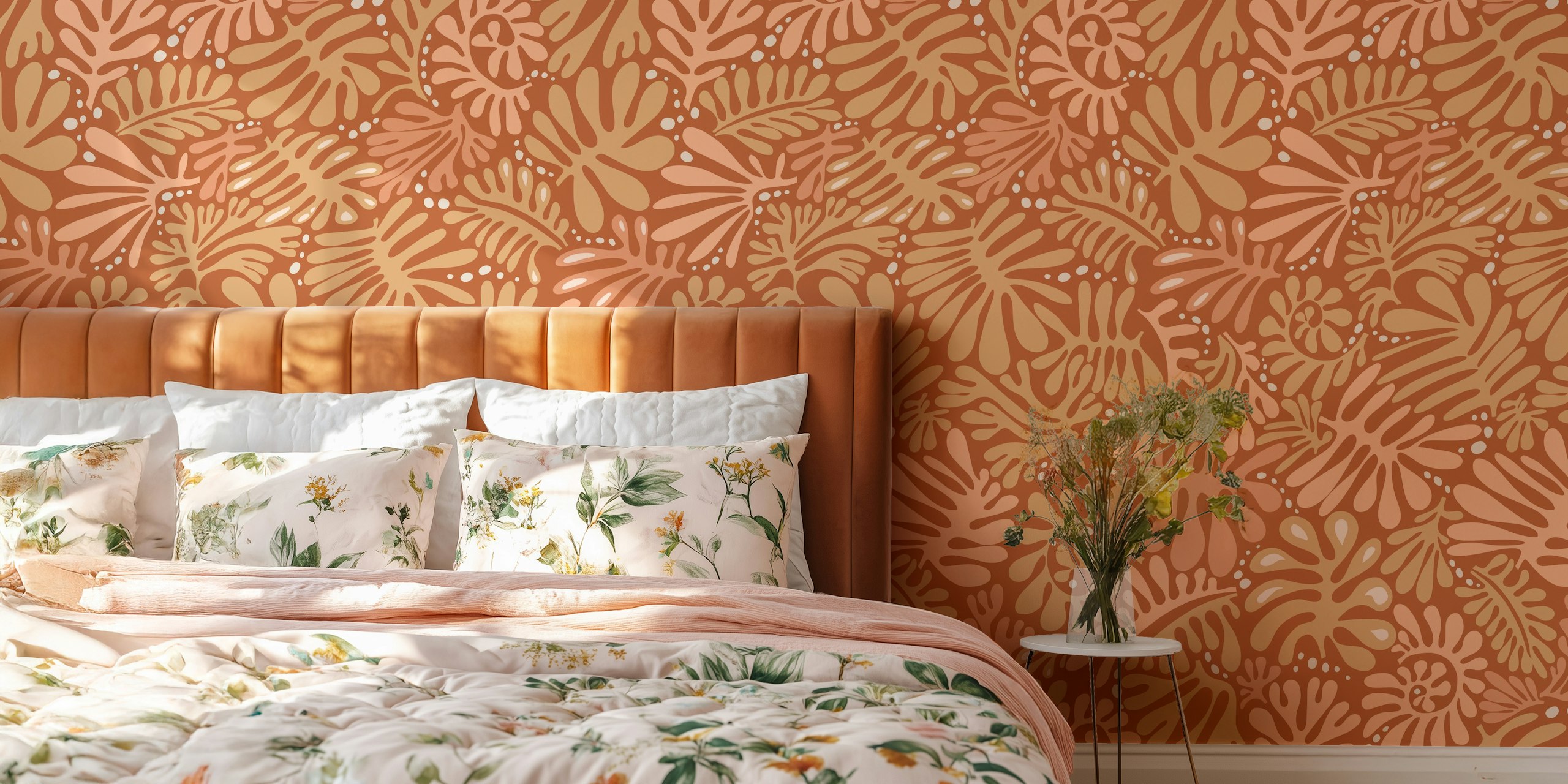 Colorful floral pattern in rusty terracotta tones wallpaper