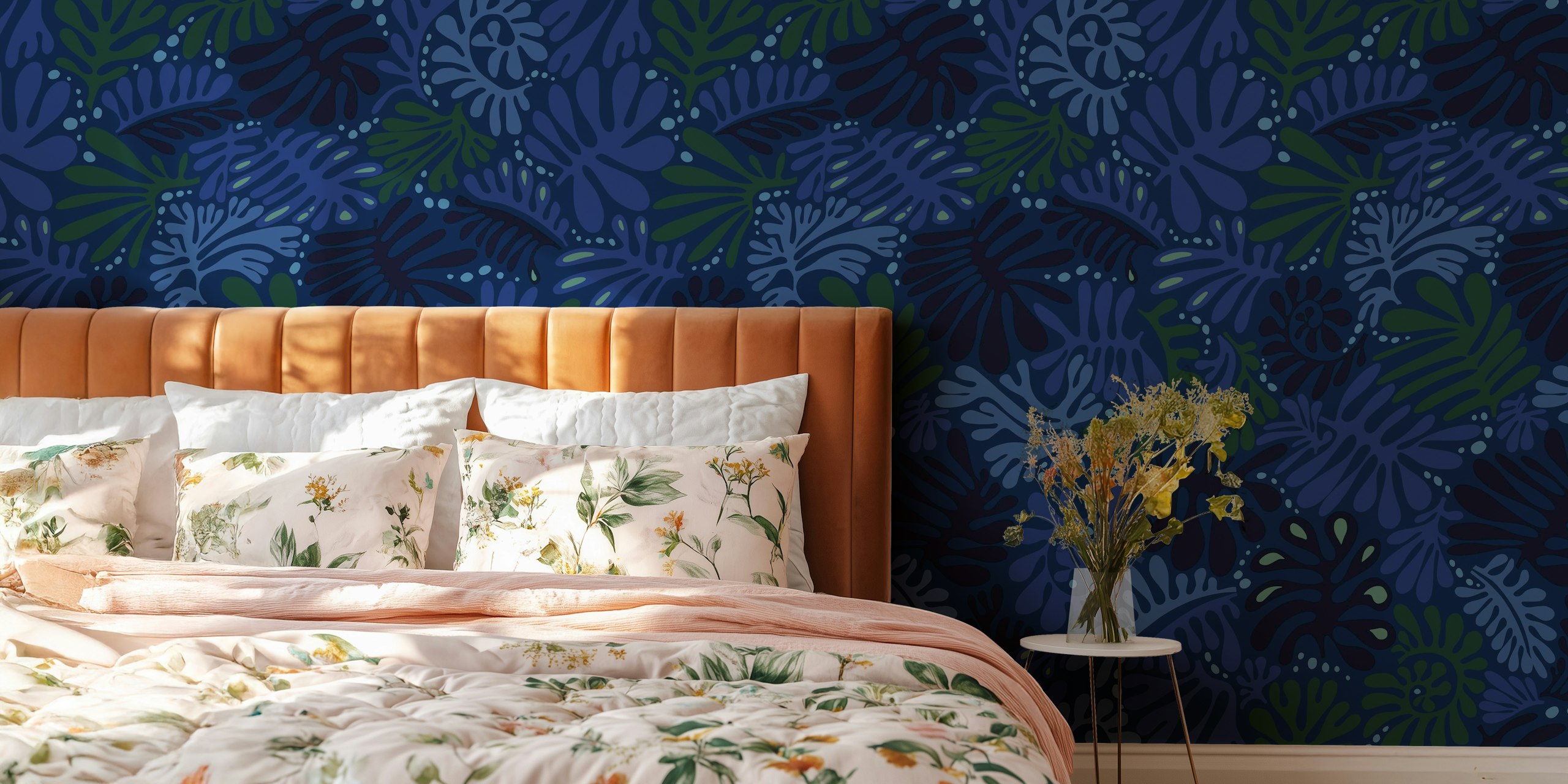 Intricate dark blue leaf pattern wallpaper