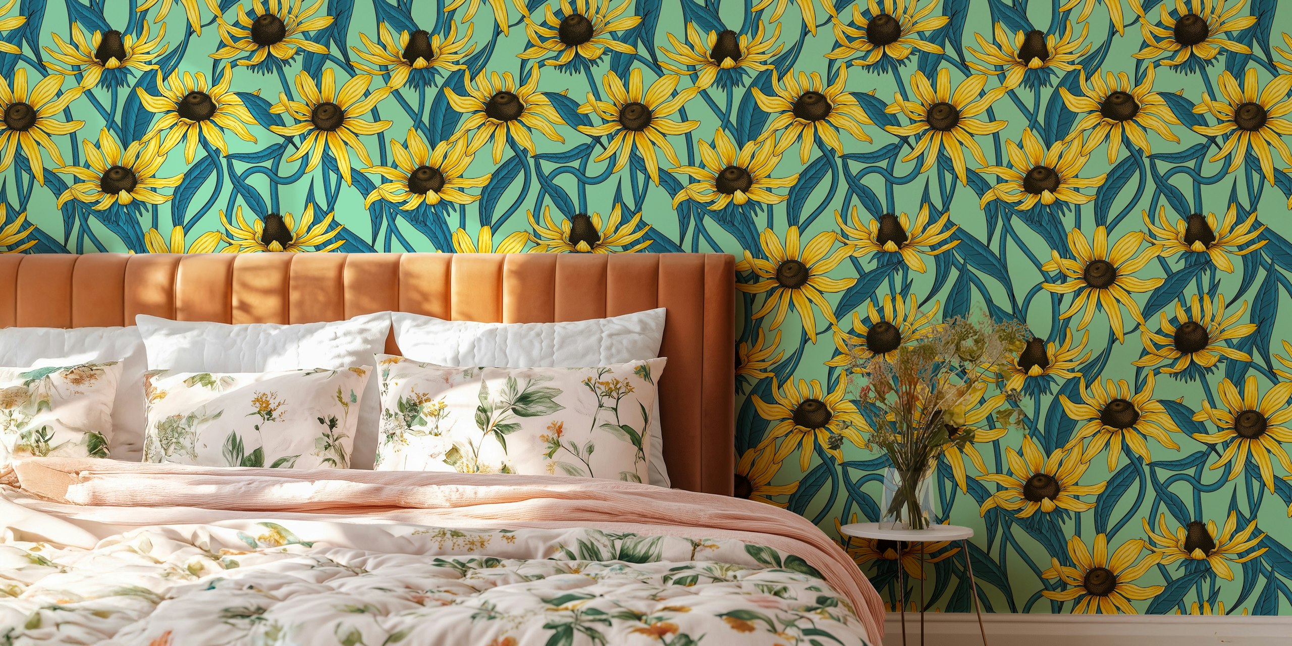 Yellow rudbeckia flowers on a jade green background wall mural