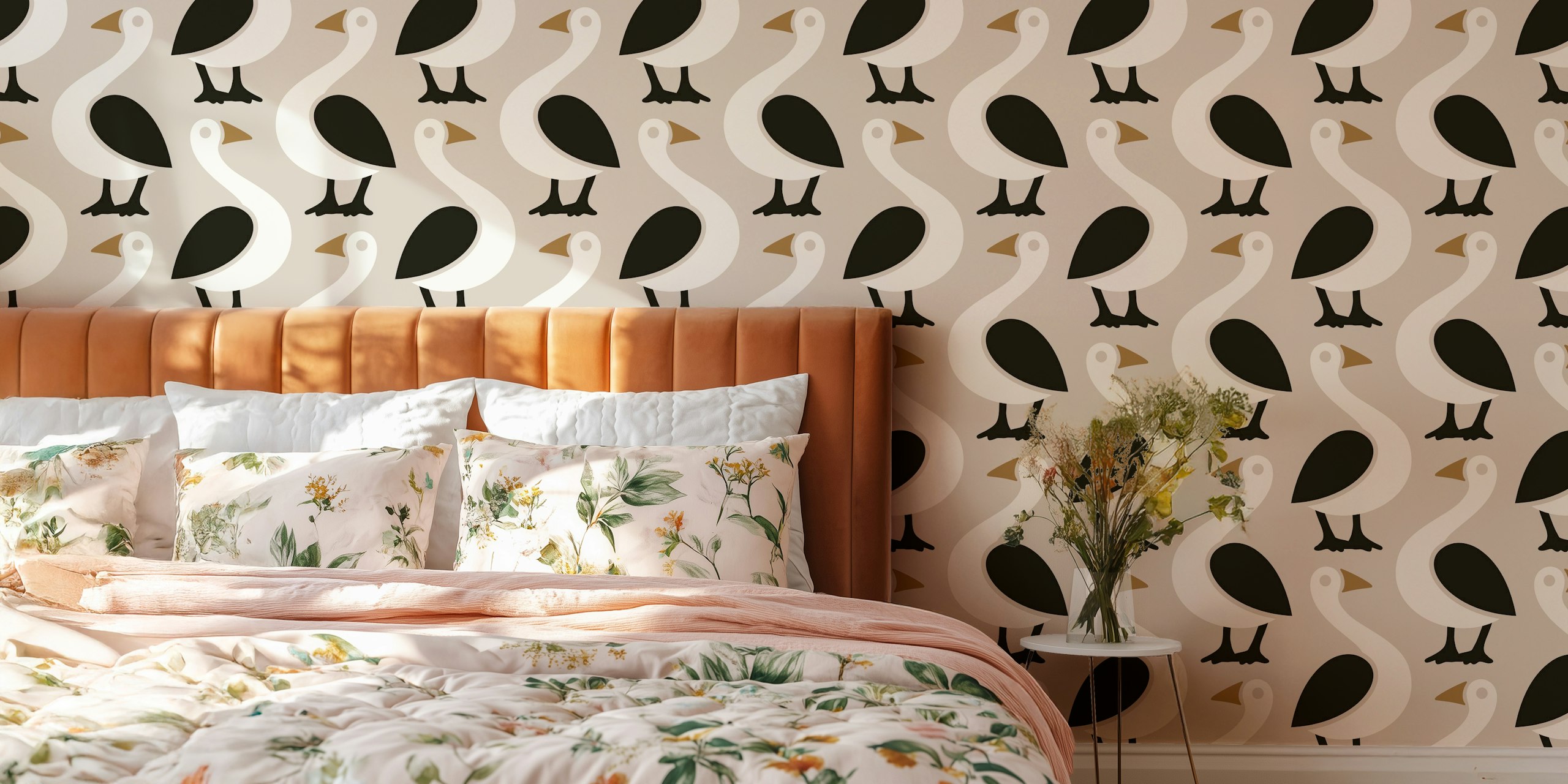 Funny goose pattern in neutral brown and creme wallpaper