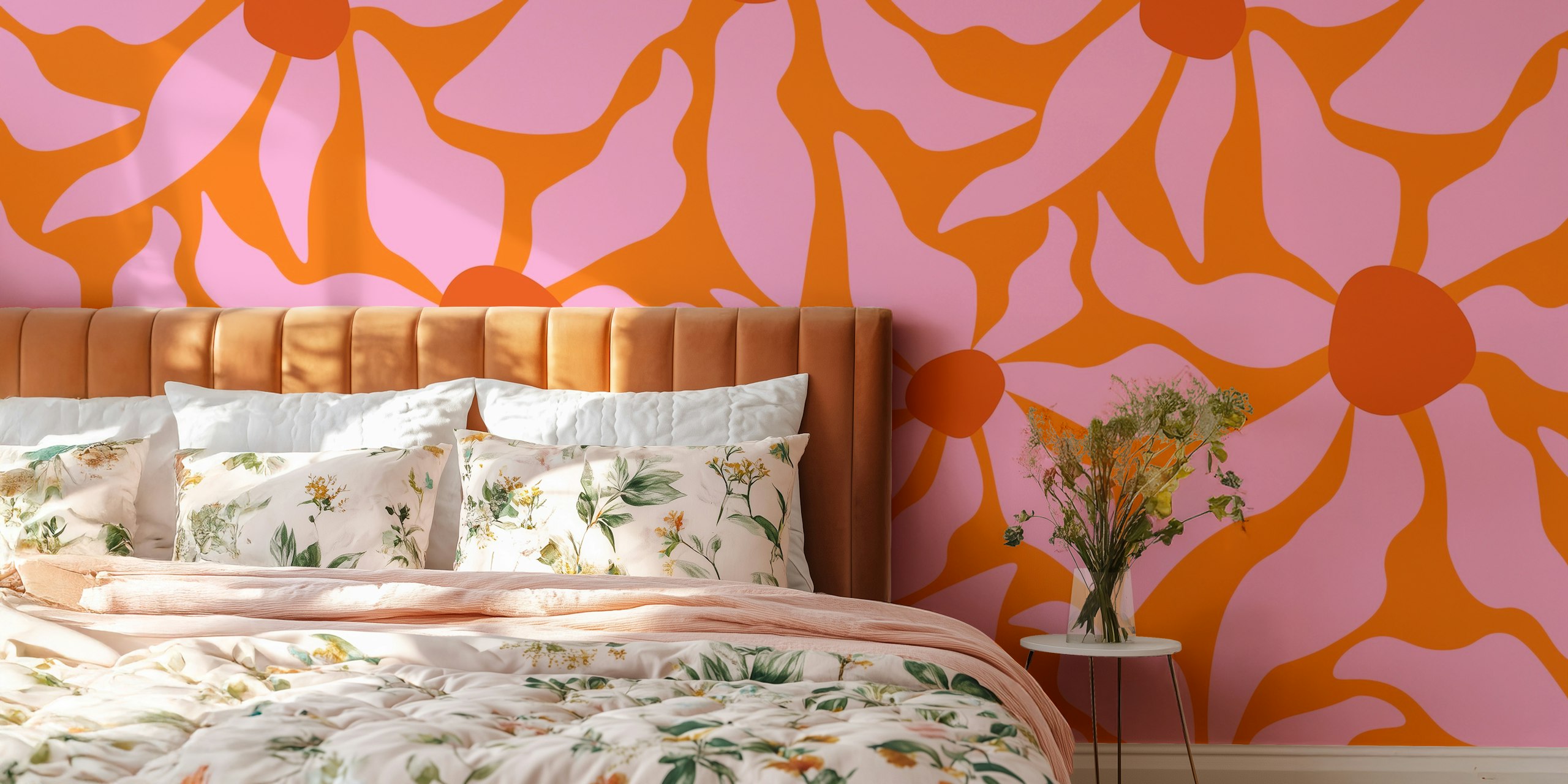 Vibrant orange and pink abstract floral wall mural with a retro groove design