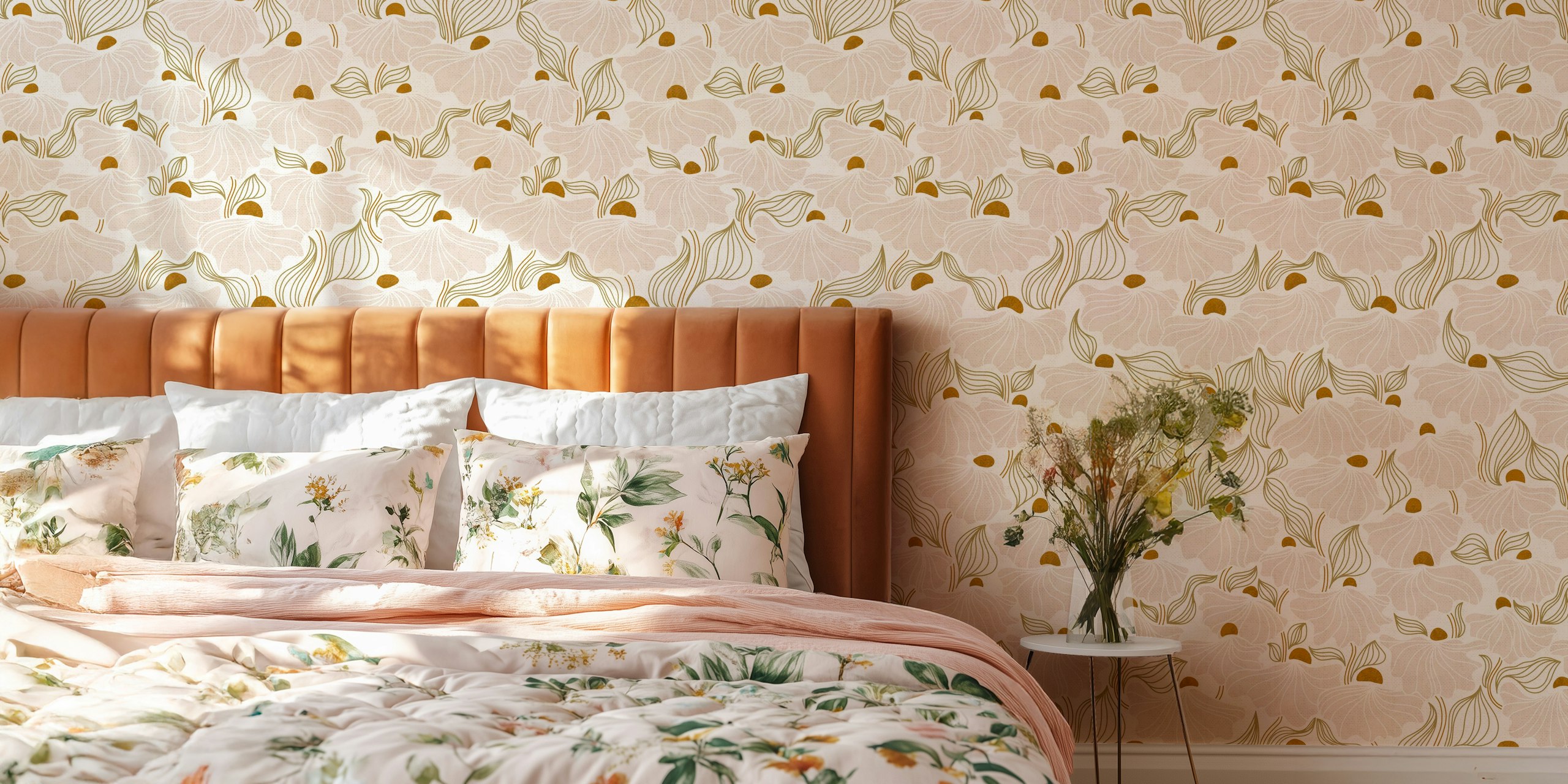 Soft cream floral patterns with leaves and brown accents wallpaper