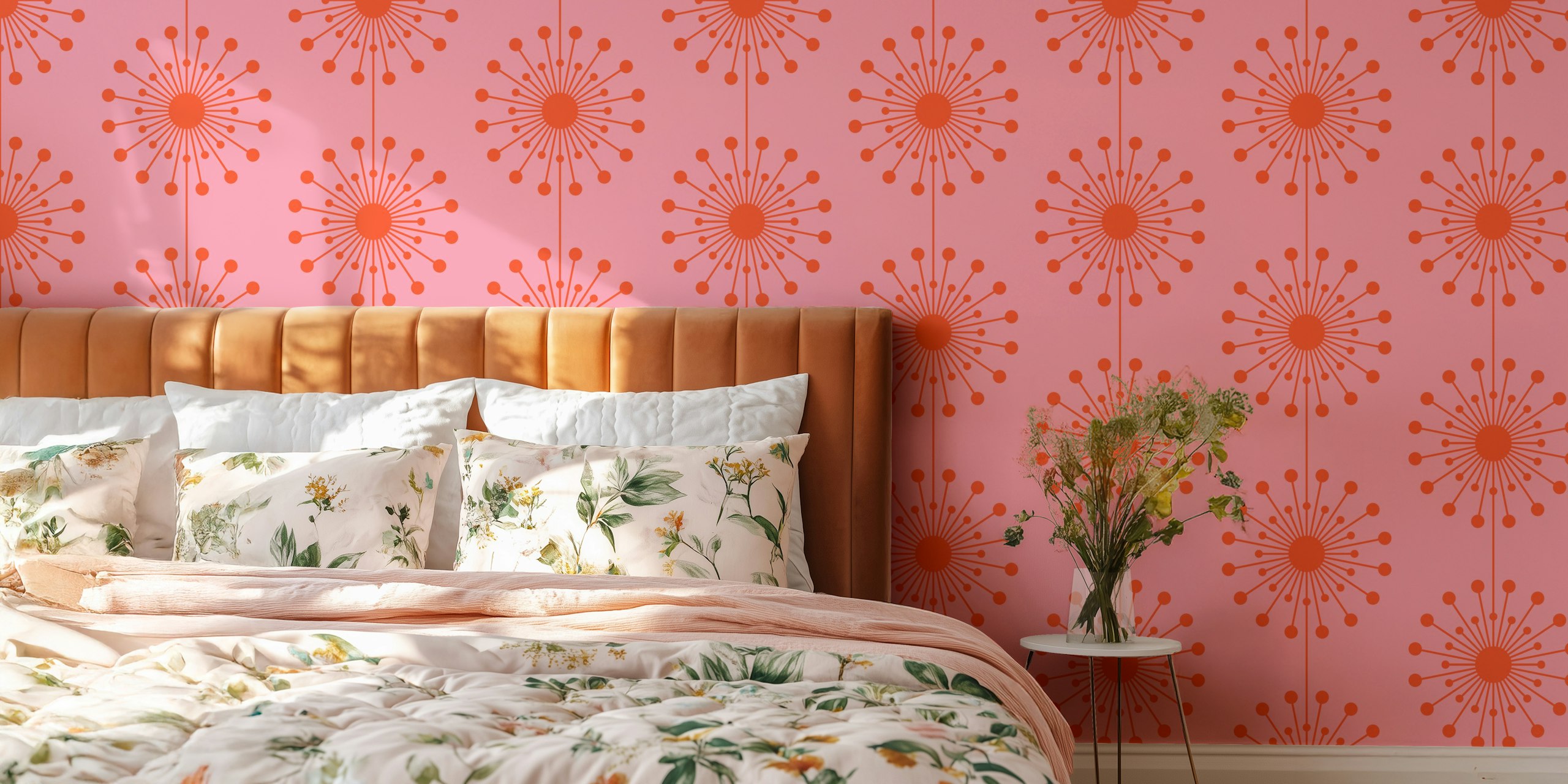 Midcentury modern floral pattern in pink and orange wallpaper