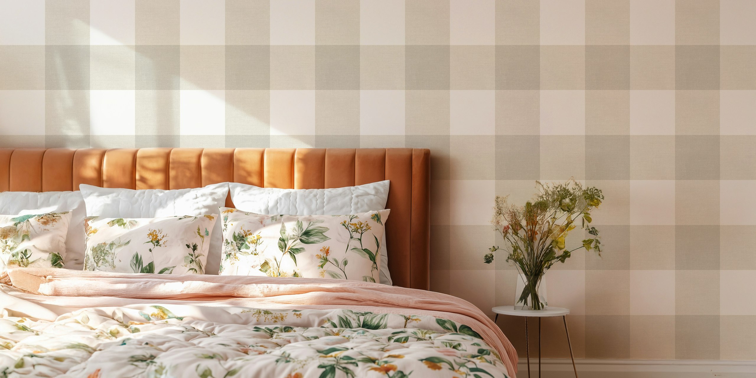 Gingham checks plaid neutral beige tapetti huoneessa