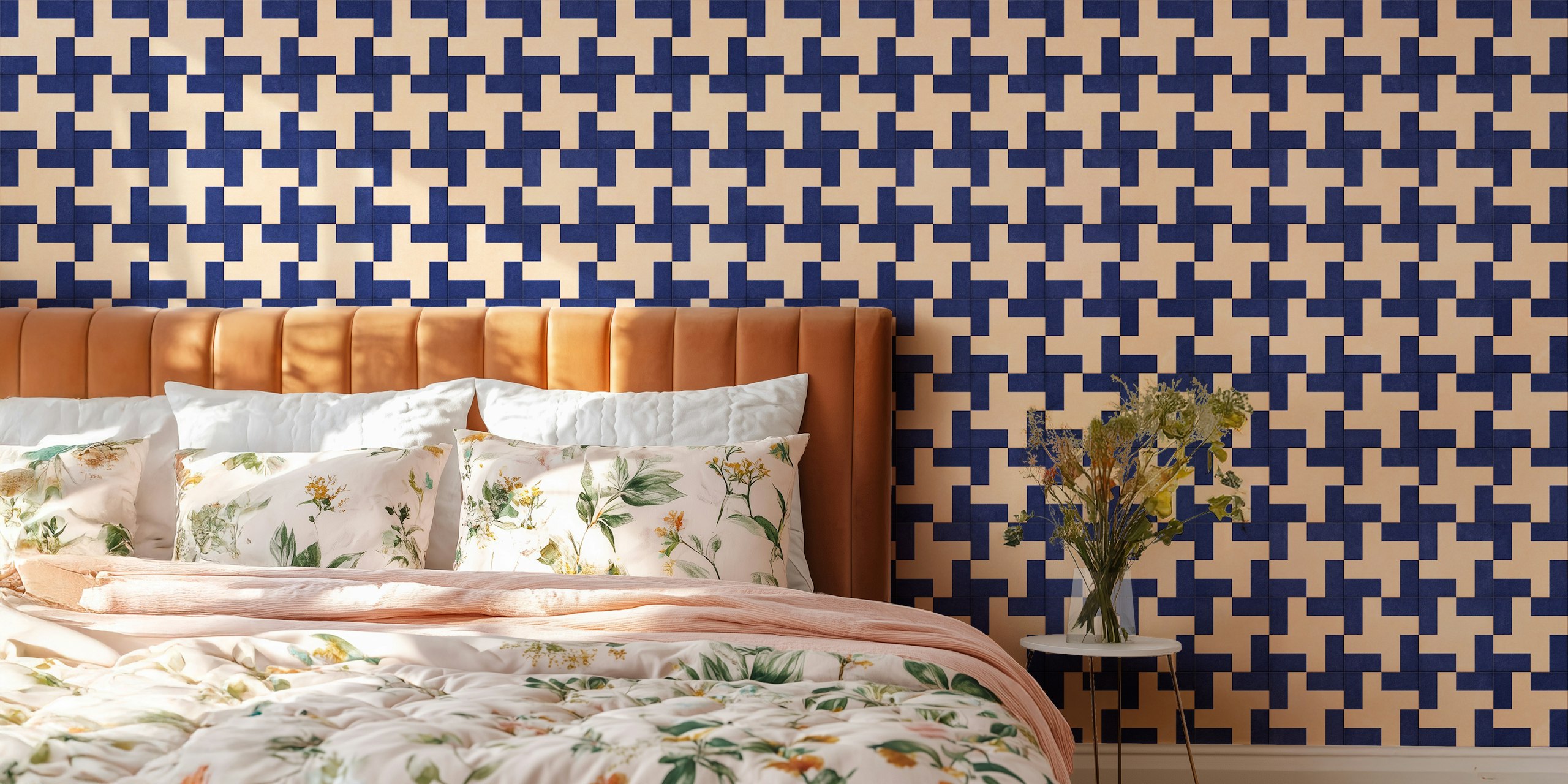 Ναυτικό Και Εκρού Γεωμετρικό Tiles 013 A - Pepita Μοτίβο Τοίχου