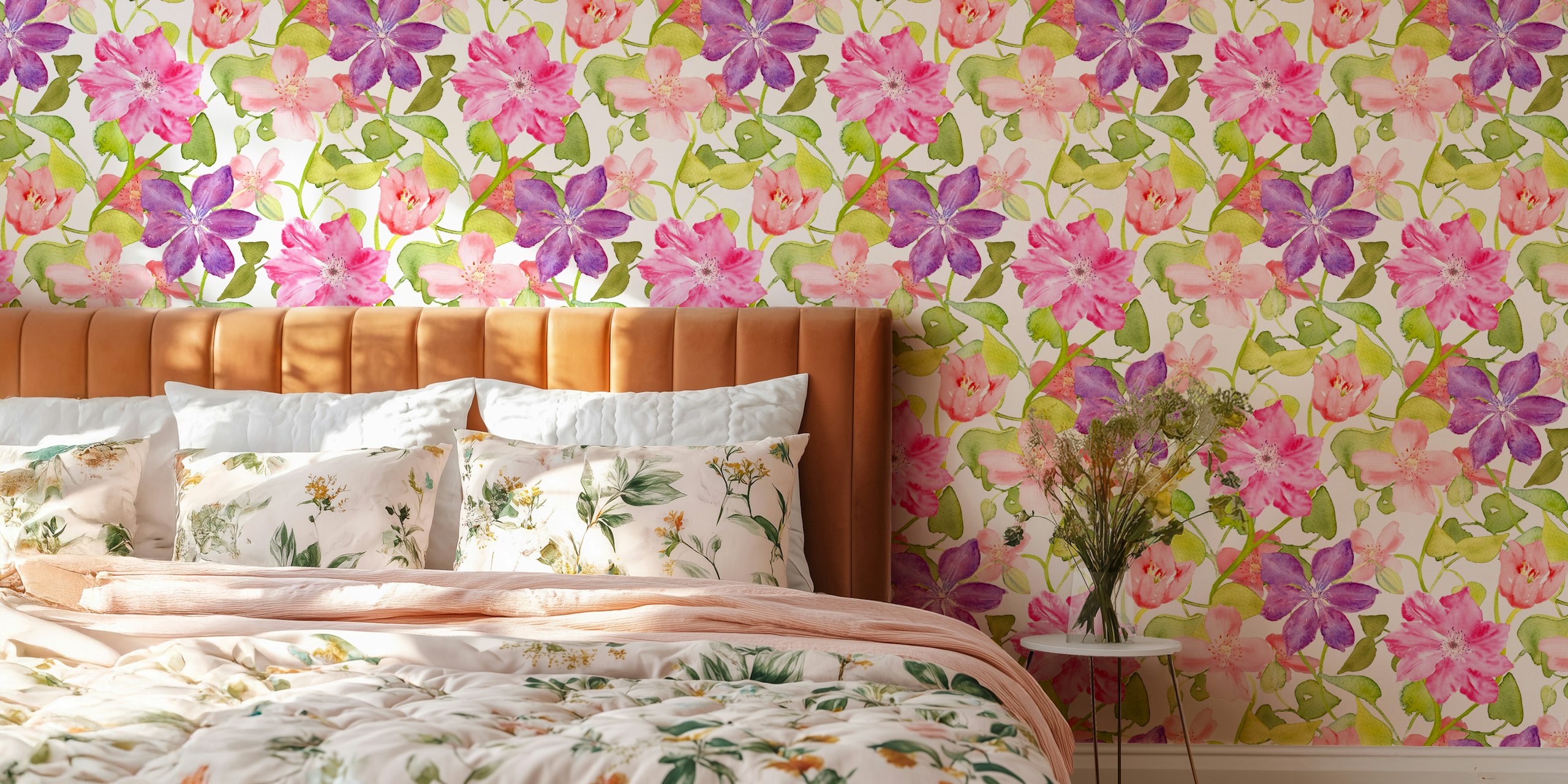 Clematis Vine Watercolour Floral ταπετσαρία σε ένα δωμάτιο