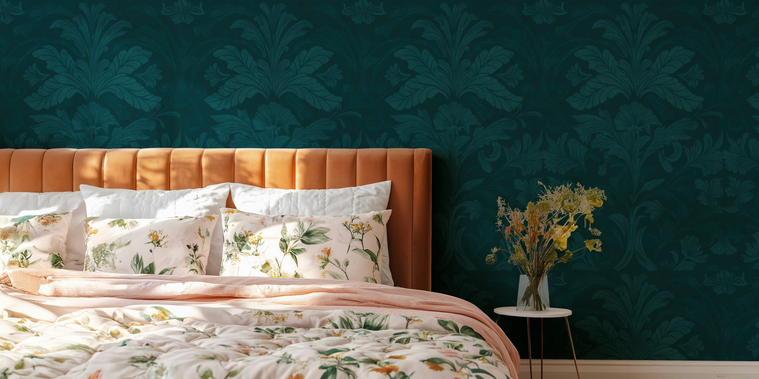 Mural de parede com padrão de damasco estilo William Morris em verde-esmeralda