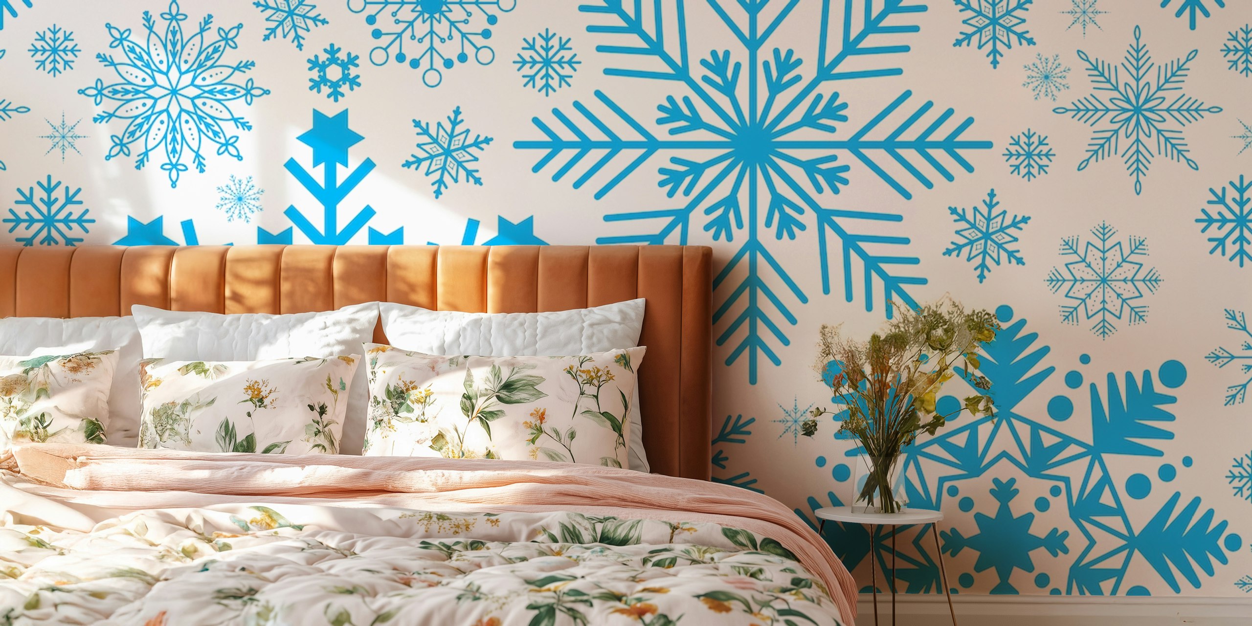 Blue snowflakes on a white background wallpaper
