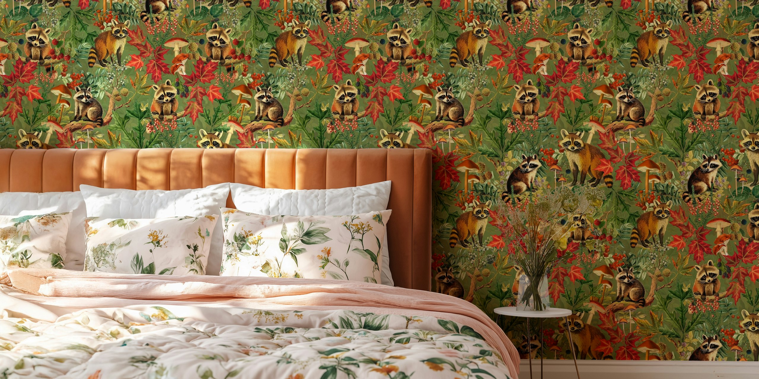 Raccoons in a forest with autumn leaves wall mural