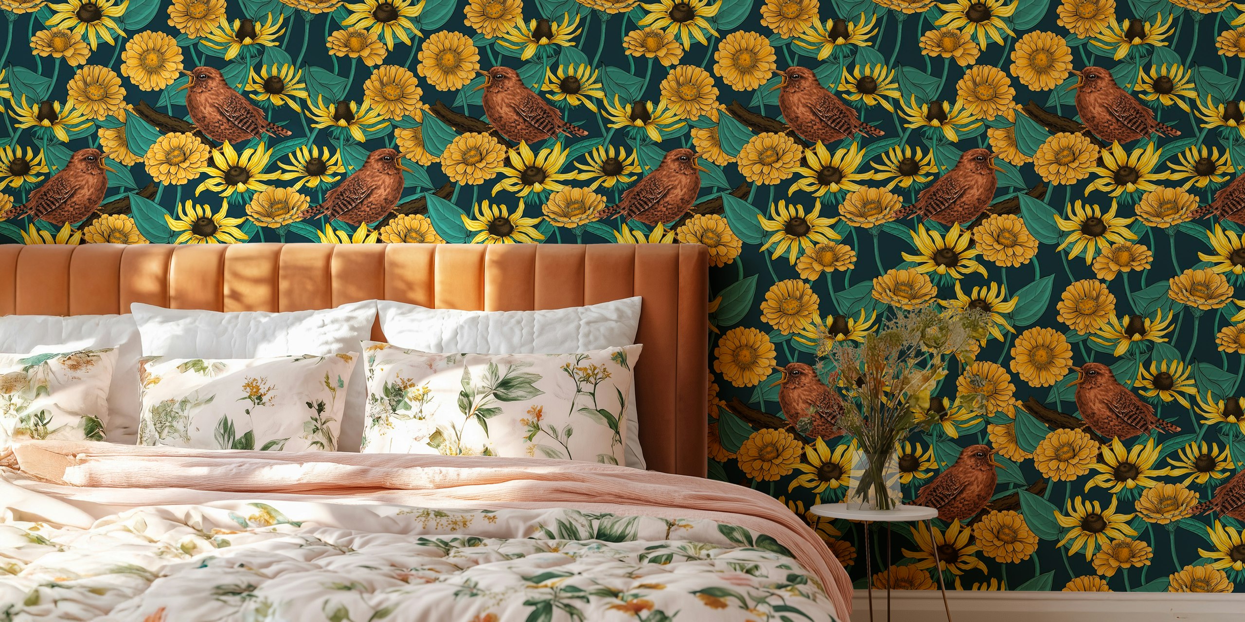 Wrens and flowers design tapety v pokoji