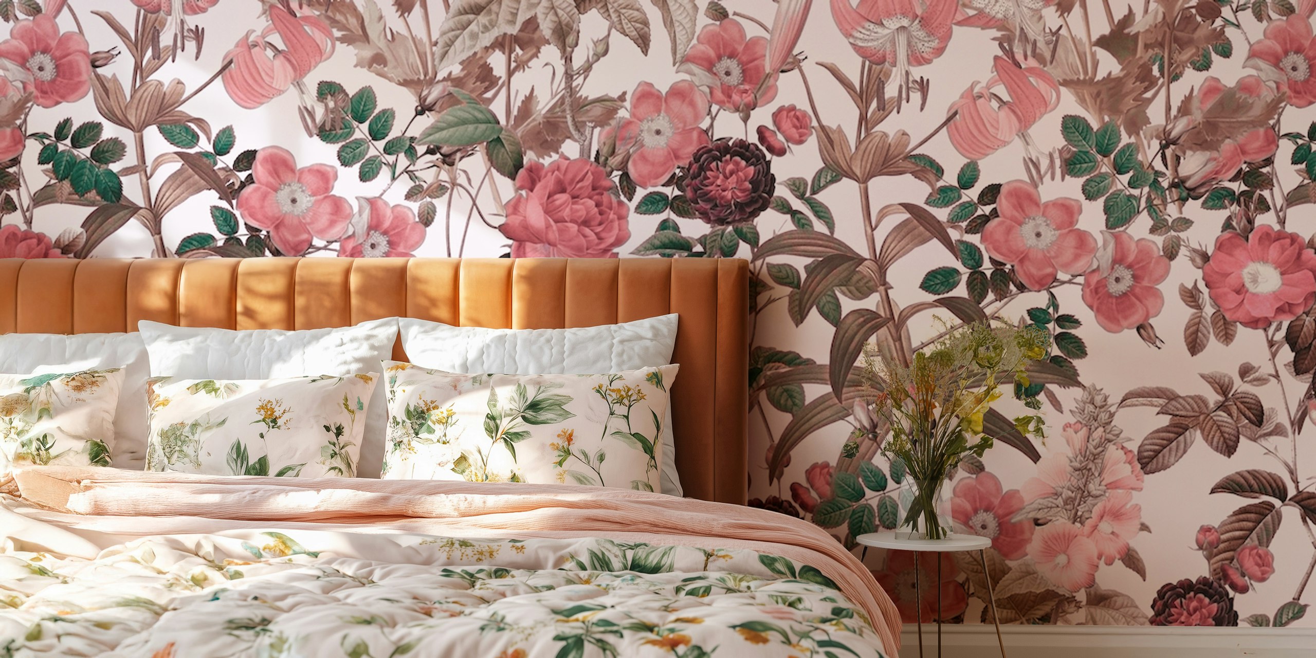 Murale Maria River Red représentant des fleurs rouges et un feuillage vert sur un fond doux