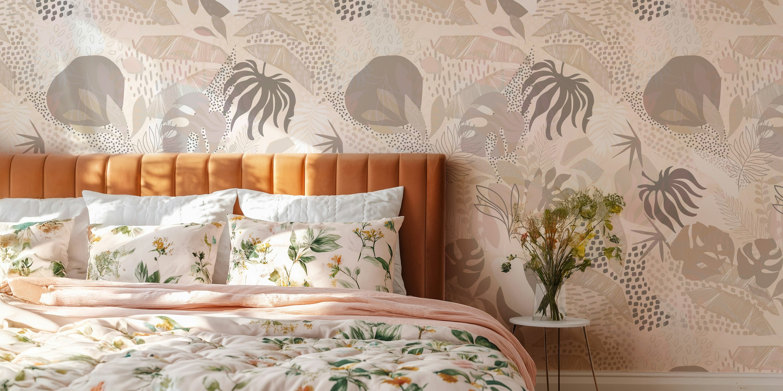 Ανοιχτόχρωμο Tropical Boho Foliage Τοιχογραφία Με Λεπτά Φυτικά Σχέδια