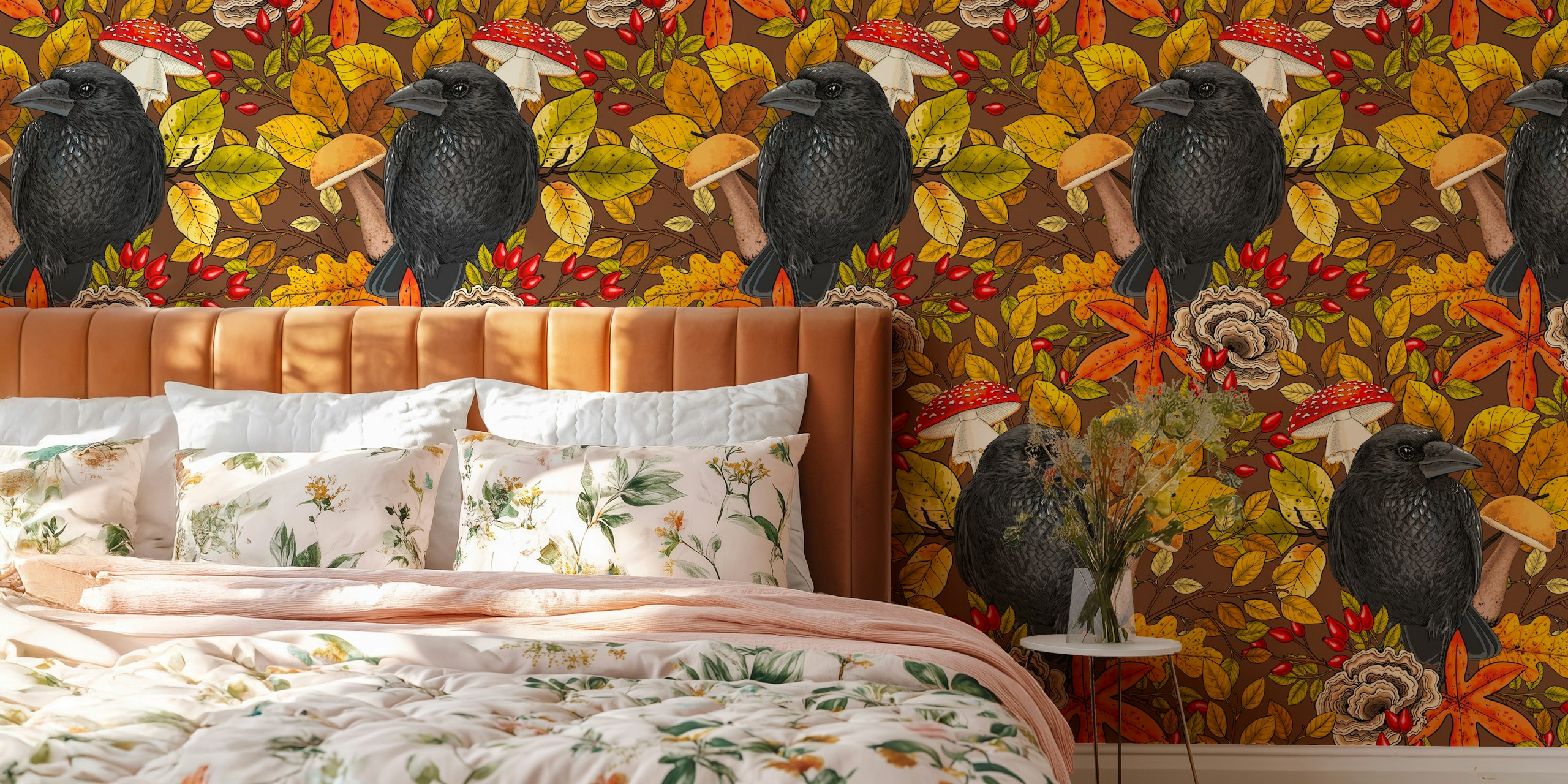 Autumn raven on brown projekt tapety w pokoju