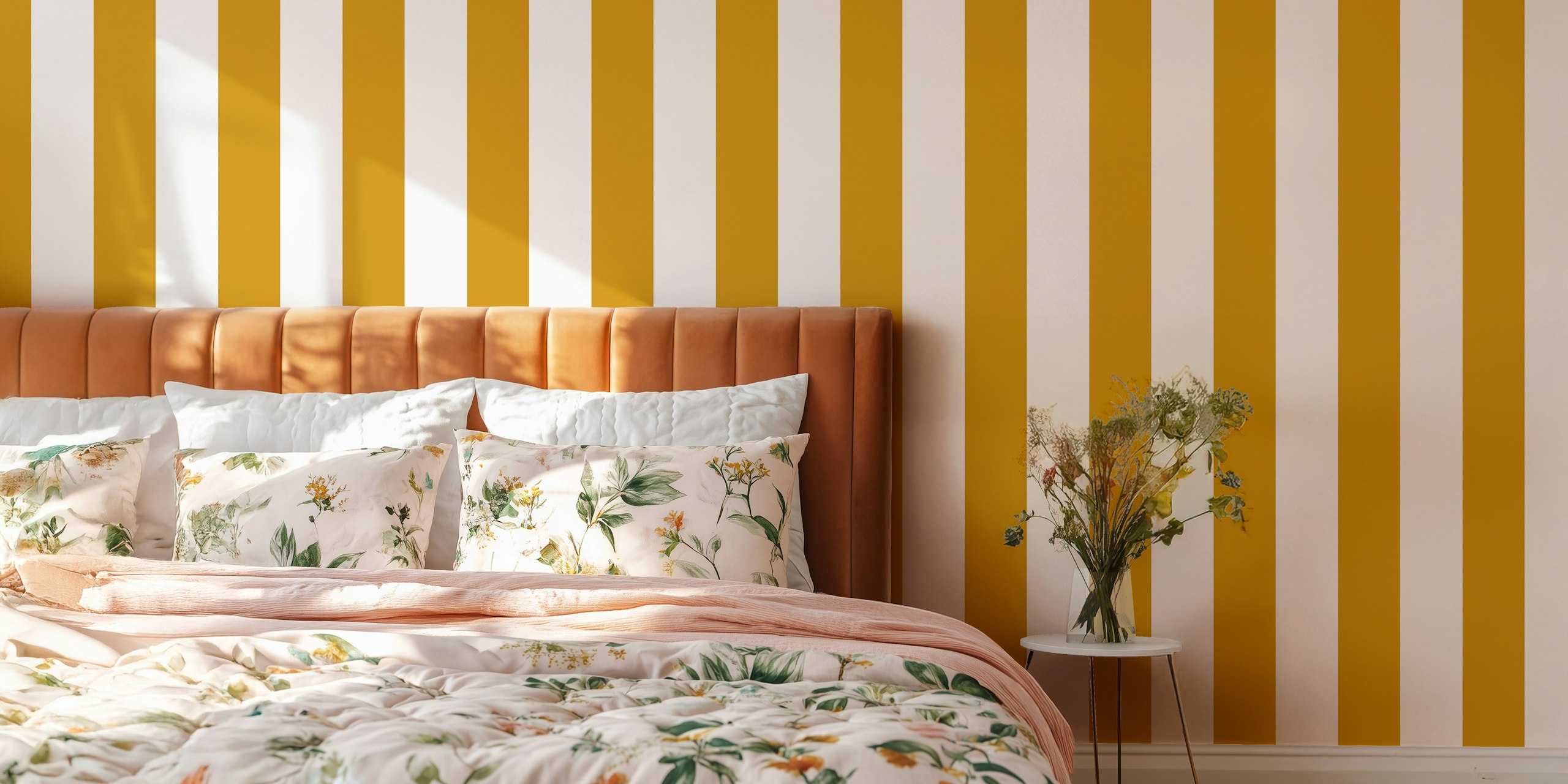 White and mustard striped wallpaper with vertical lines