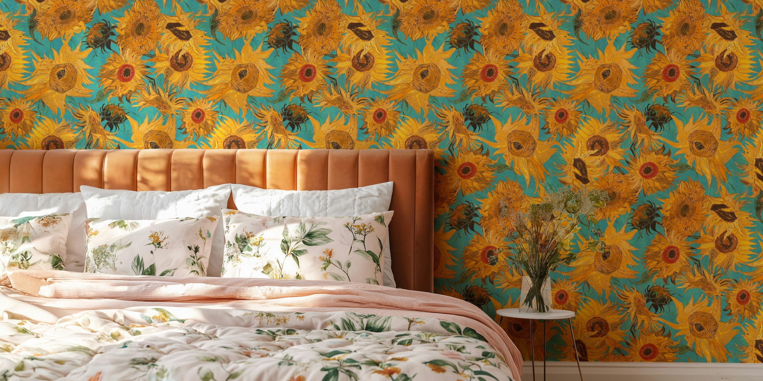 Van Gogh sunflowers wallpaper in a room