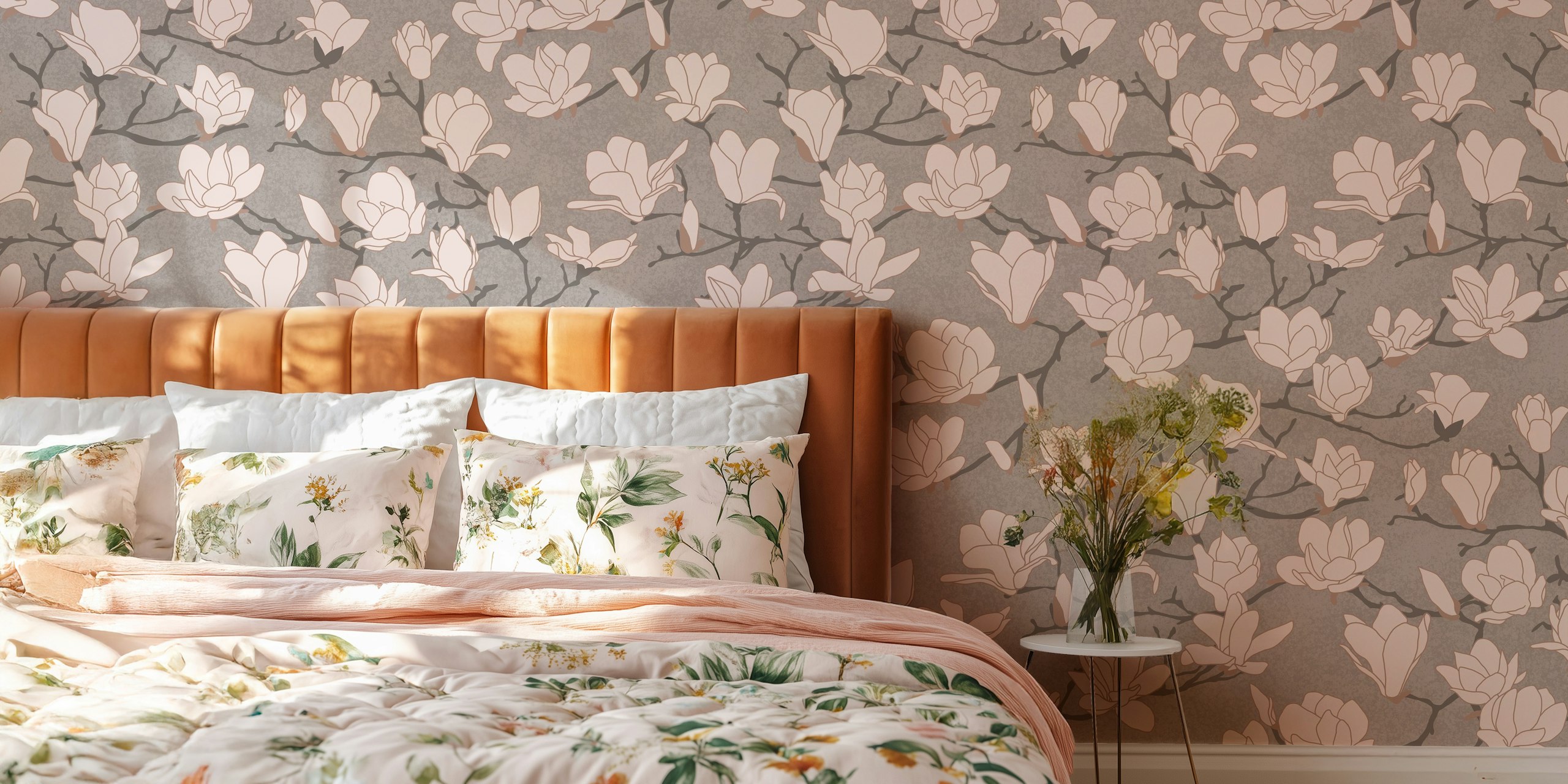 Tapeta Magnolia taupe vystavená v pokoji