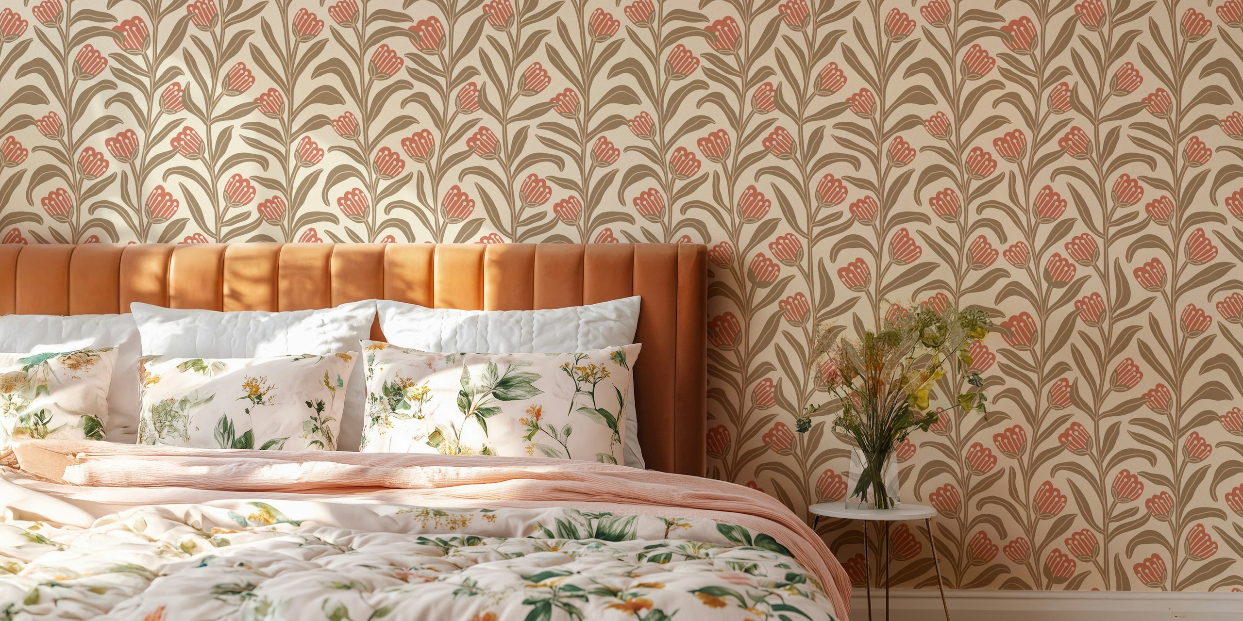Floral pattern with red flowers and brown leaves on beige wallpaper