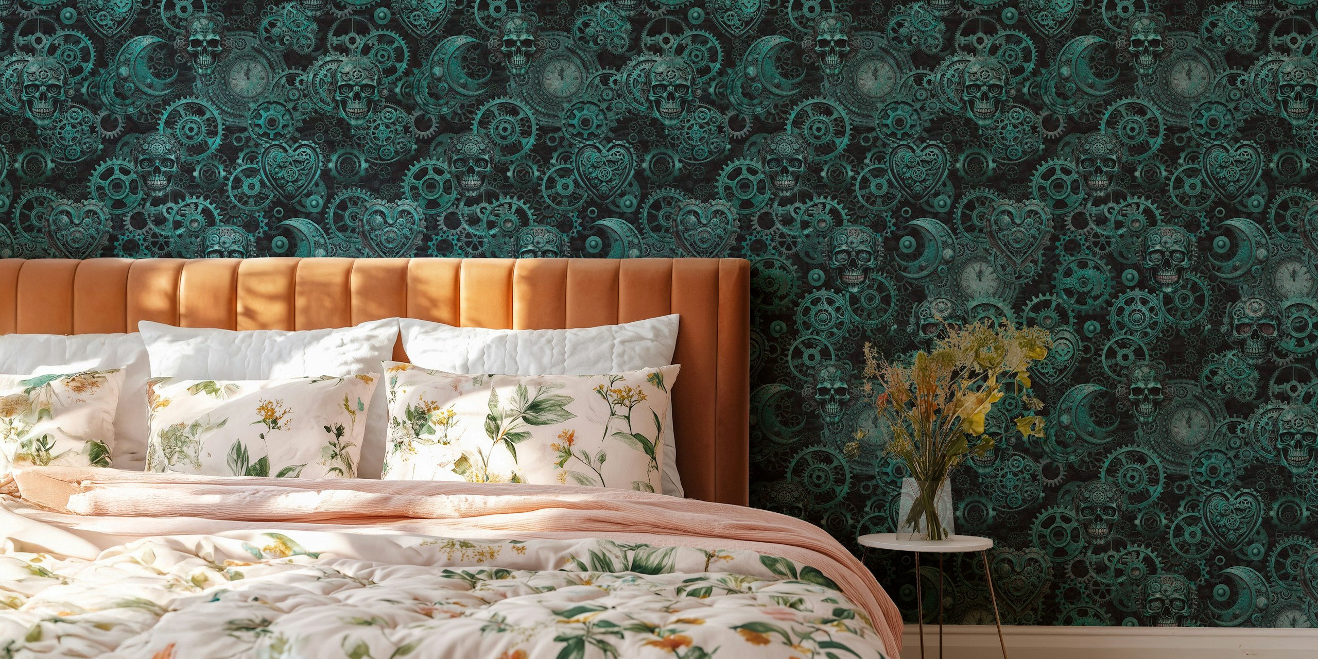 Teal skull and gear pattern wallpaper with a gothic steampunk style