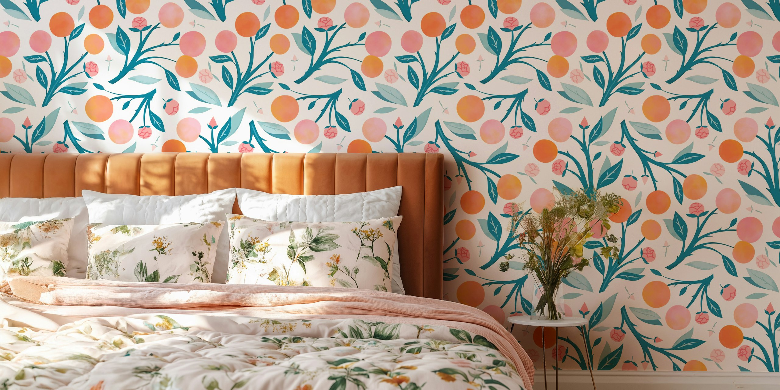 Pink peaches and peony buds on a white background wall mural
