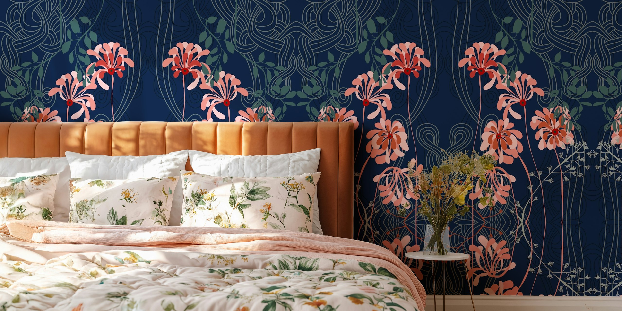 Fleurs roses et vertes sur fond bleu foncé, style Art Nouveau wallpaper