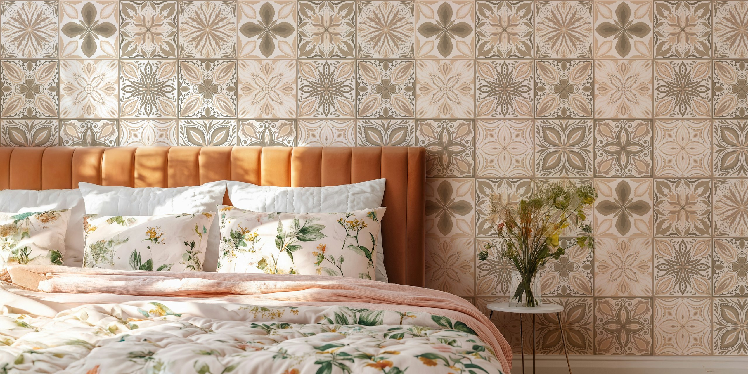 Ornate tiles in neutral browns wall mural