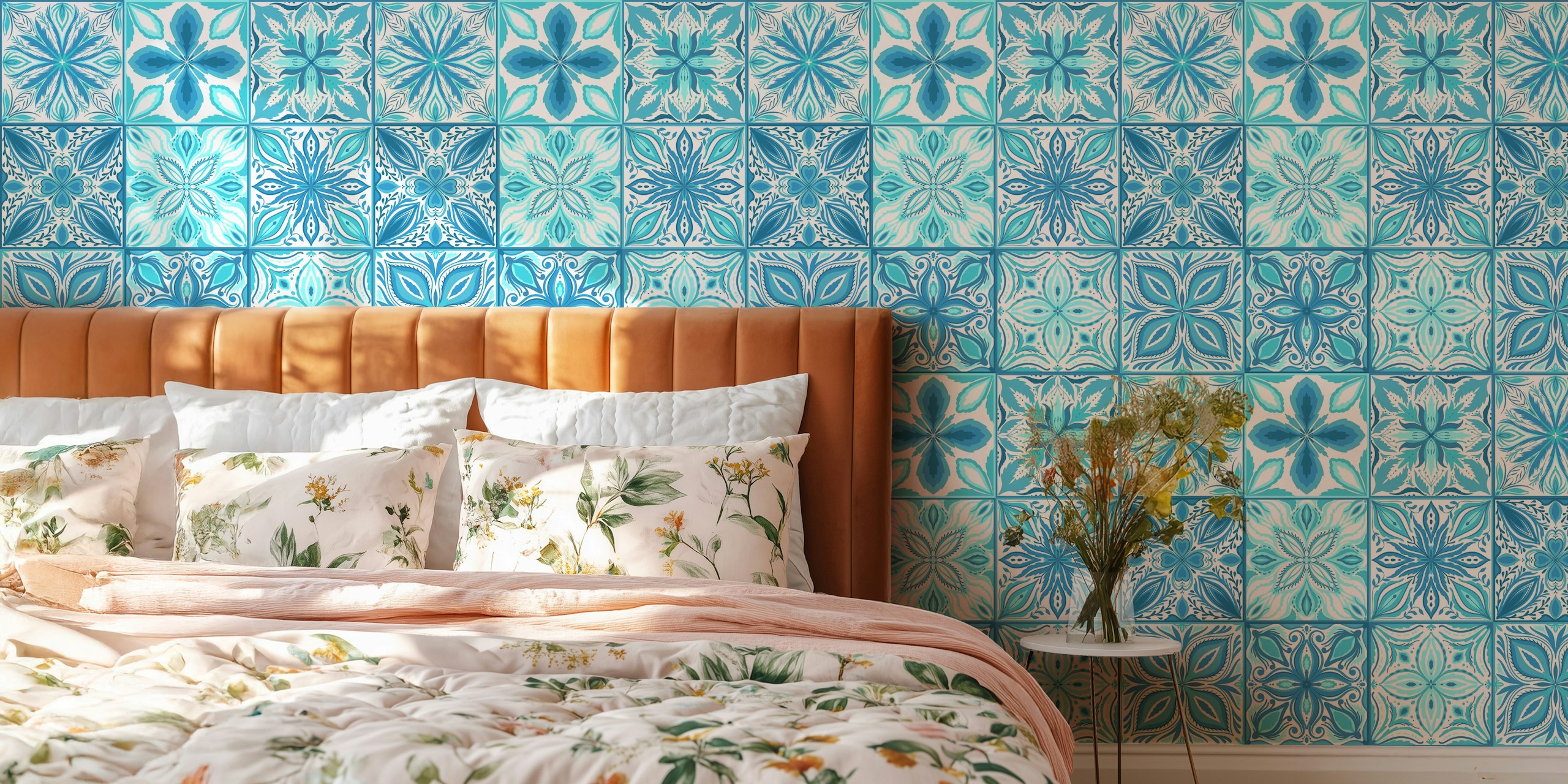 Ornate blue and white tile wallpaper in a room