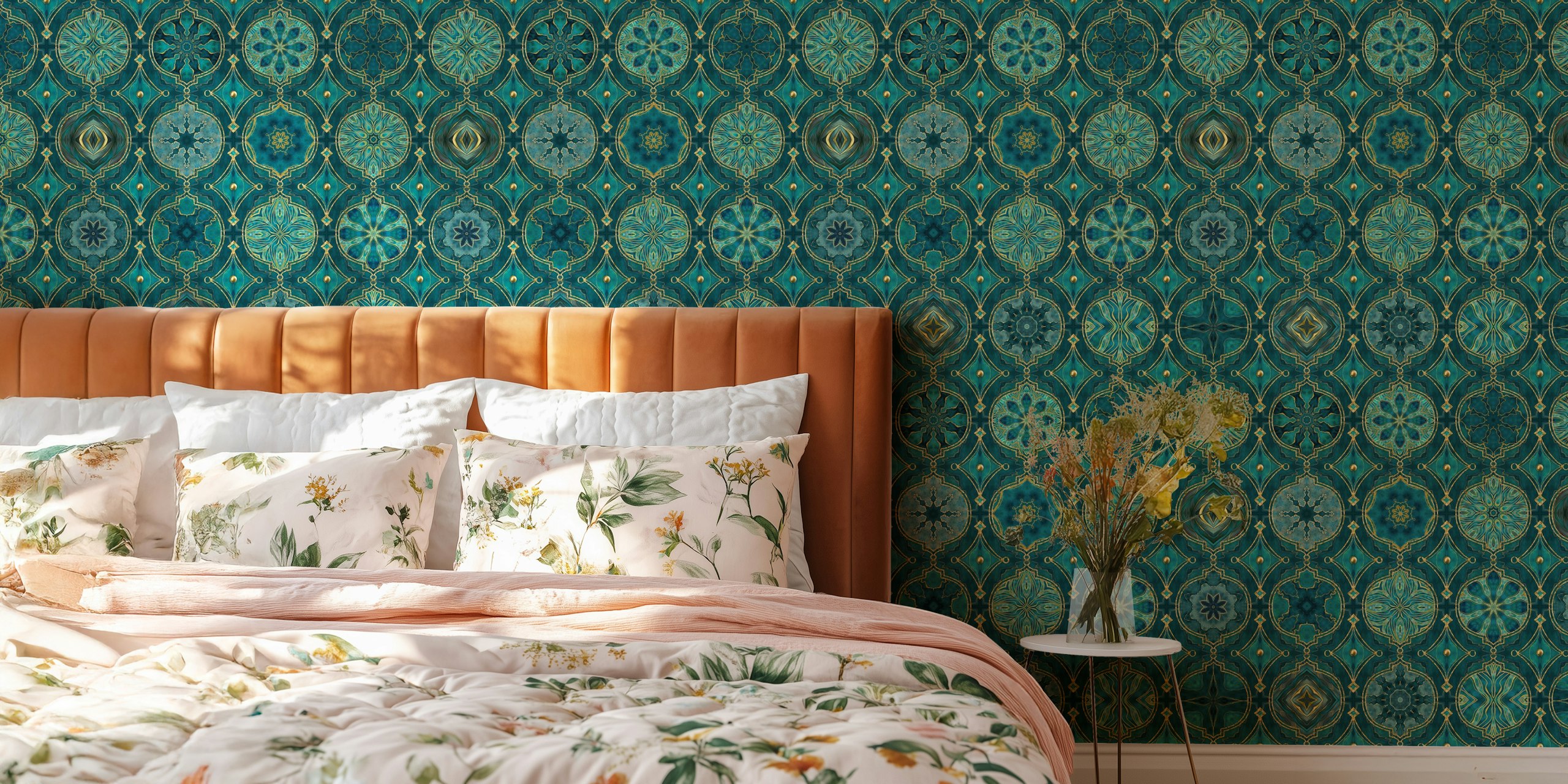 Moroccan teal tile pattern wall mural with gold accents