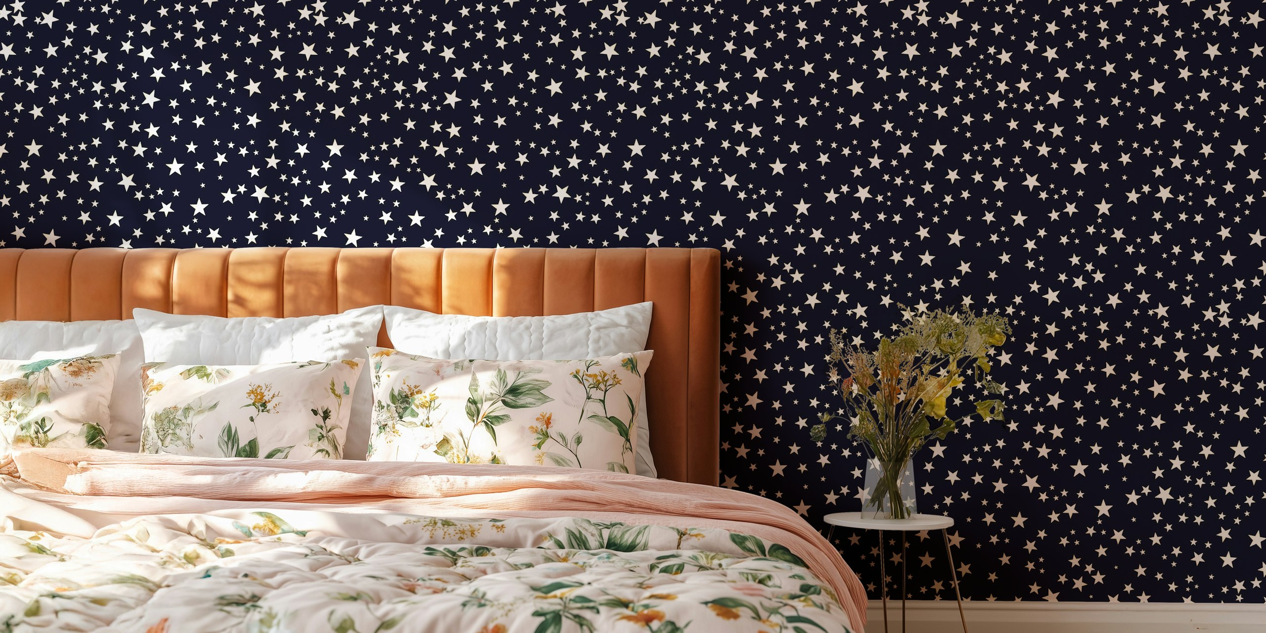 Golden and white stars on navy wallpaper